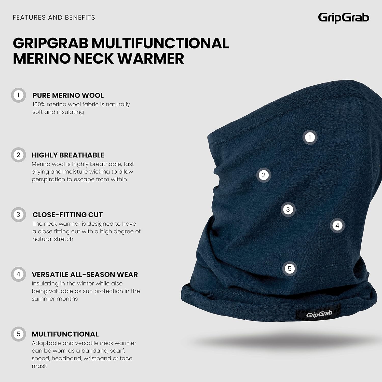 GripGrab Multifunctional Merino Wool Neck Warmer Thermal Cycling Winter Neck Gaiter Merino Neck Tube Scarf Lightweight - Image 2