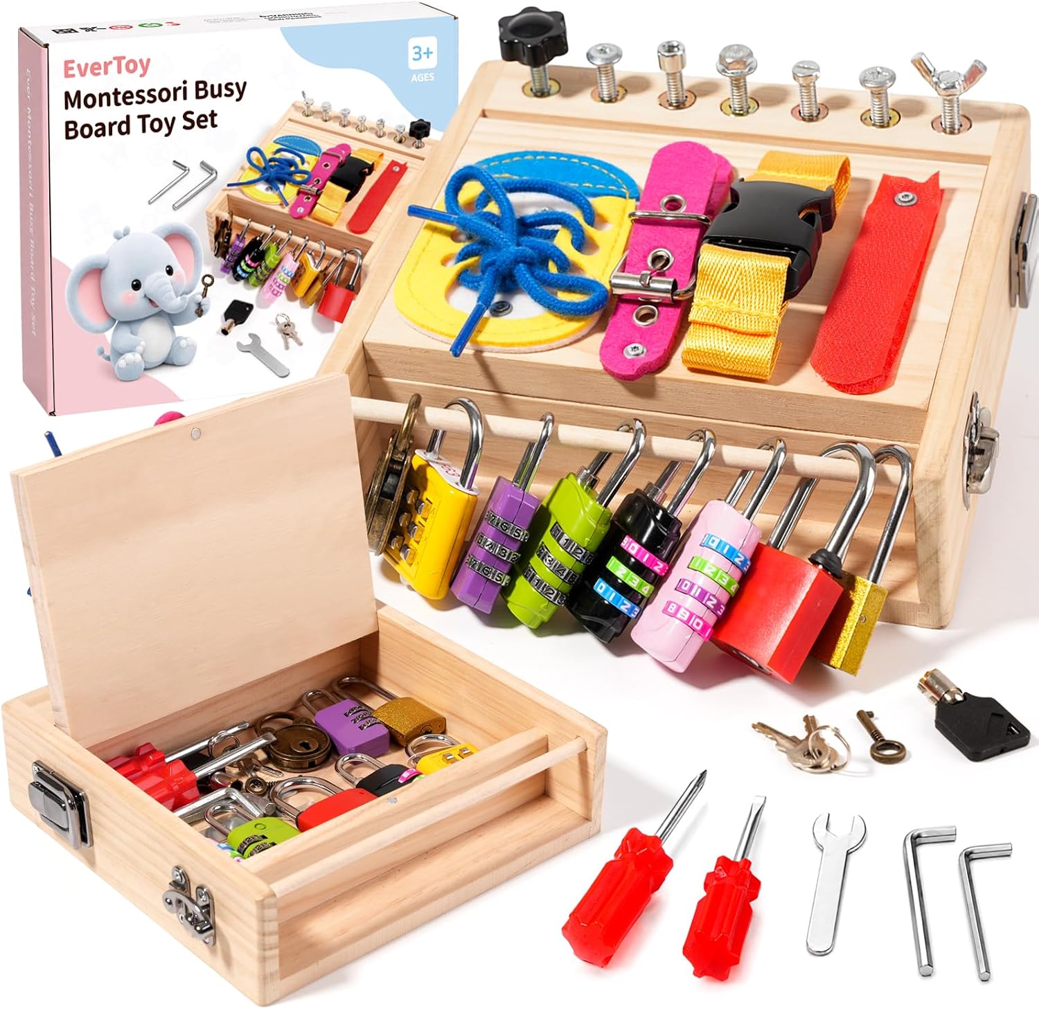 Montessori Wooden Busy Board - Fine Motor Skills Toys for 3-5 Year Old Boys Girls