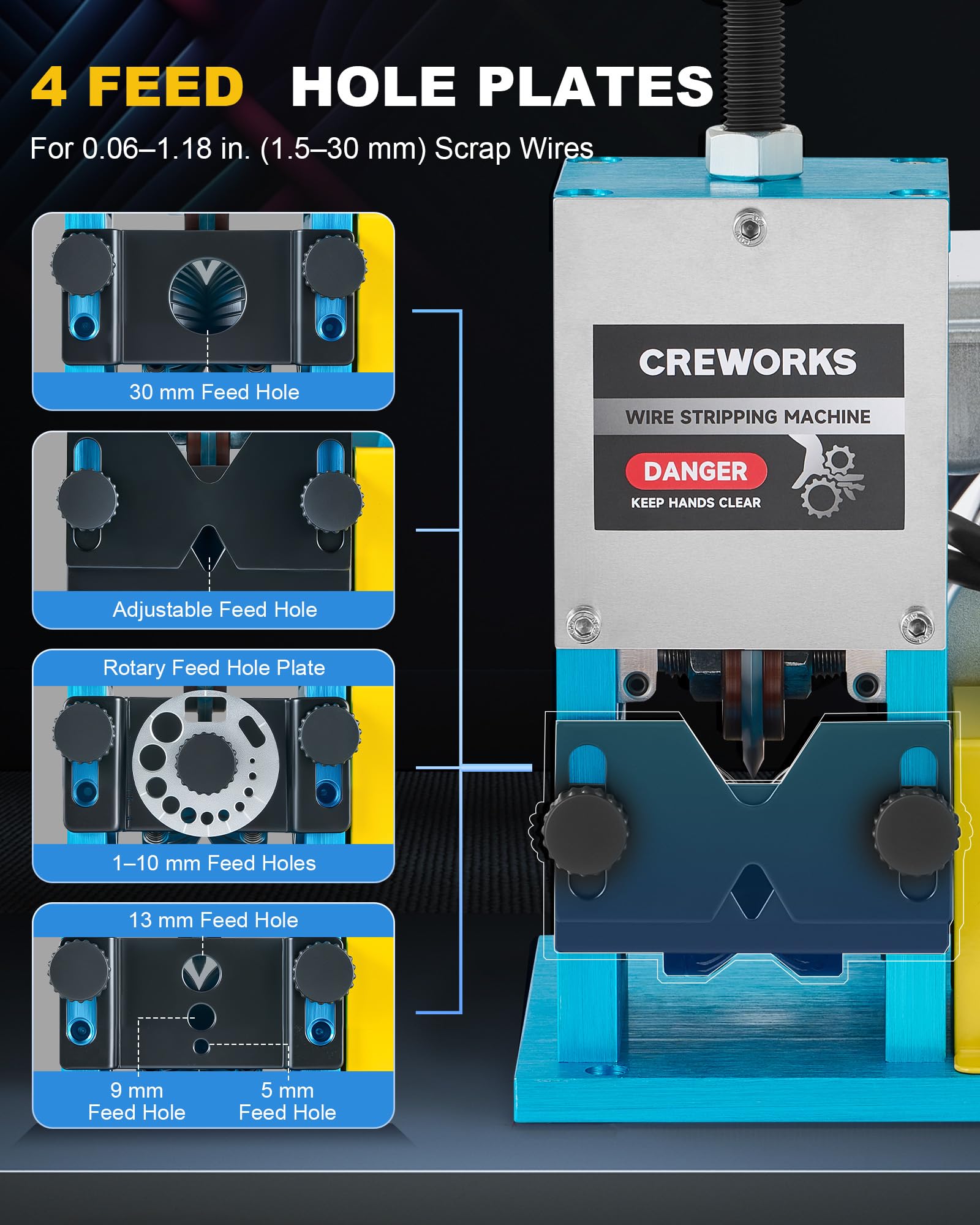CREWORKS 180W Electric Wire Stripper Machine, 0.06"-1.18" Automatic Wire Stripping Machine, Wire Stripping Tool for 1.5-30 mm Scrap Wire, 5 Channel Copper Wire Stripper Tool for Cable Recycling — Amazon image 3