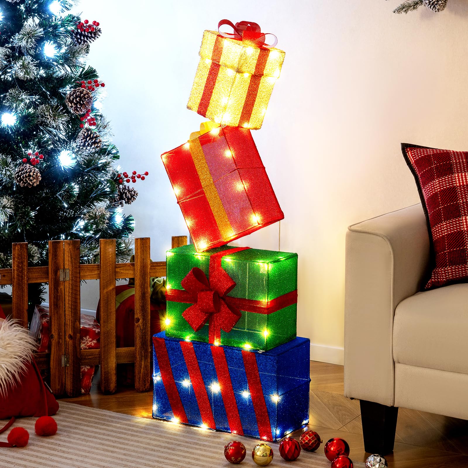 COSTWAY Set di 4 Scatole Regalo Natalizie Illuminati, Scatole Regalo Luminose con Fiocchi Colorati, 52 Luci LED Bianco Caldo, Decorazione Festiva per Casa e Giardino