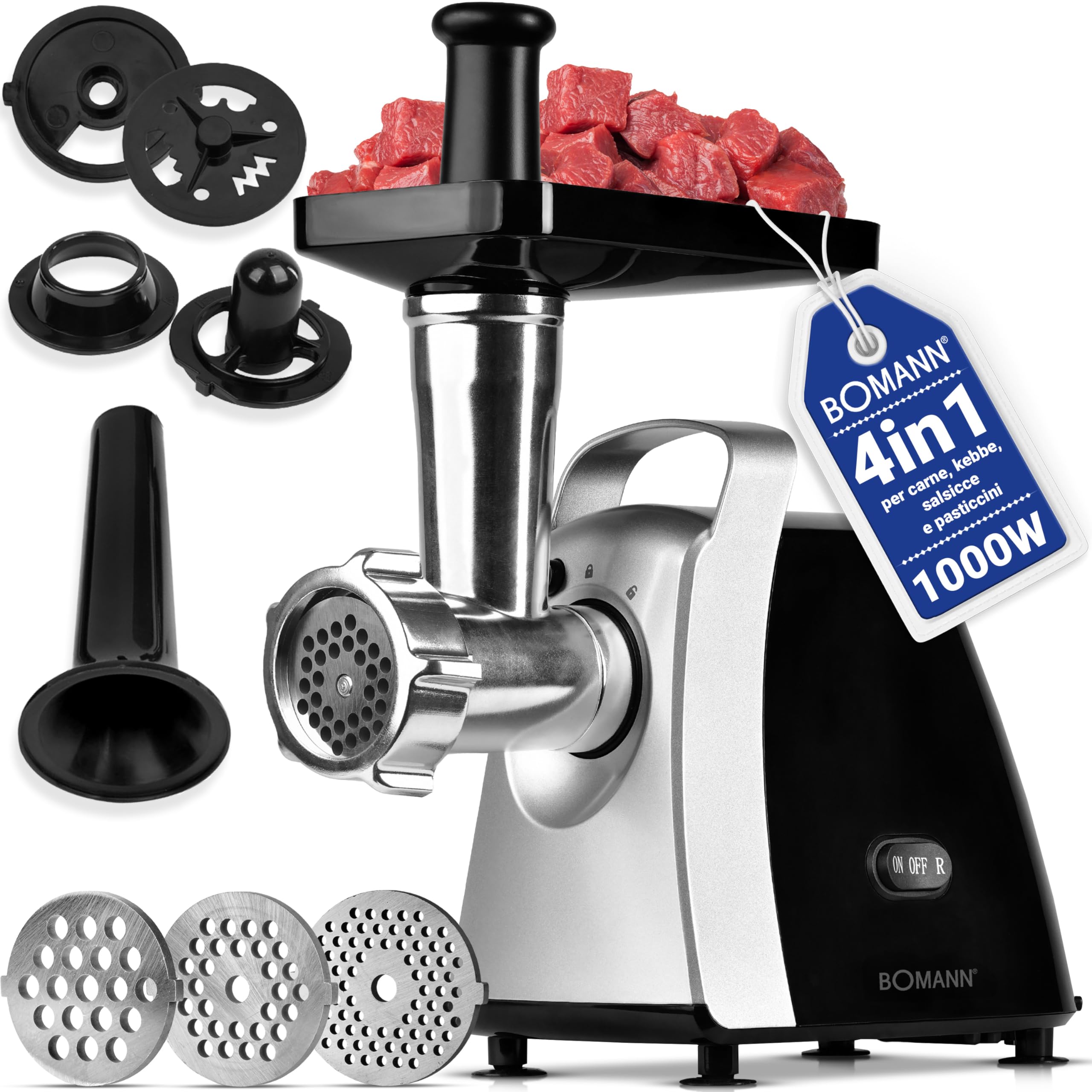 Bomann® tritacarne elettrico 1000W, accessorio per biscotti/spritz, 3 dischi trafila in metallo, funzione avanti e retromarcia, insaccatrice inclusa, corpo e coclea in metallo, FW 6067 CB