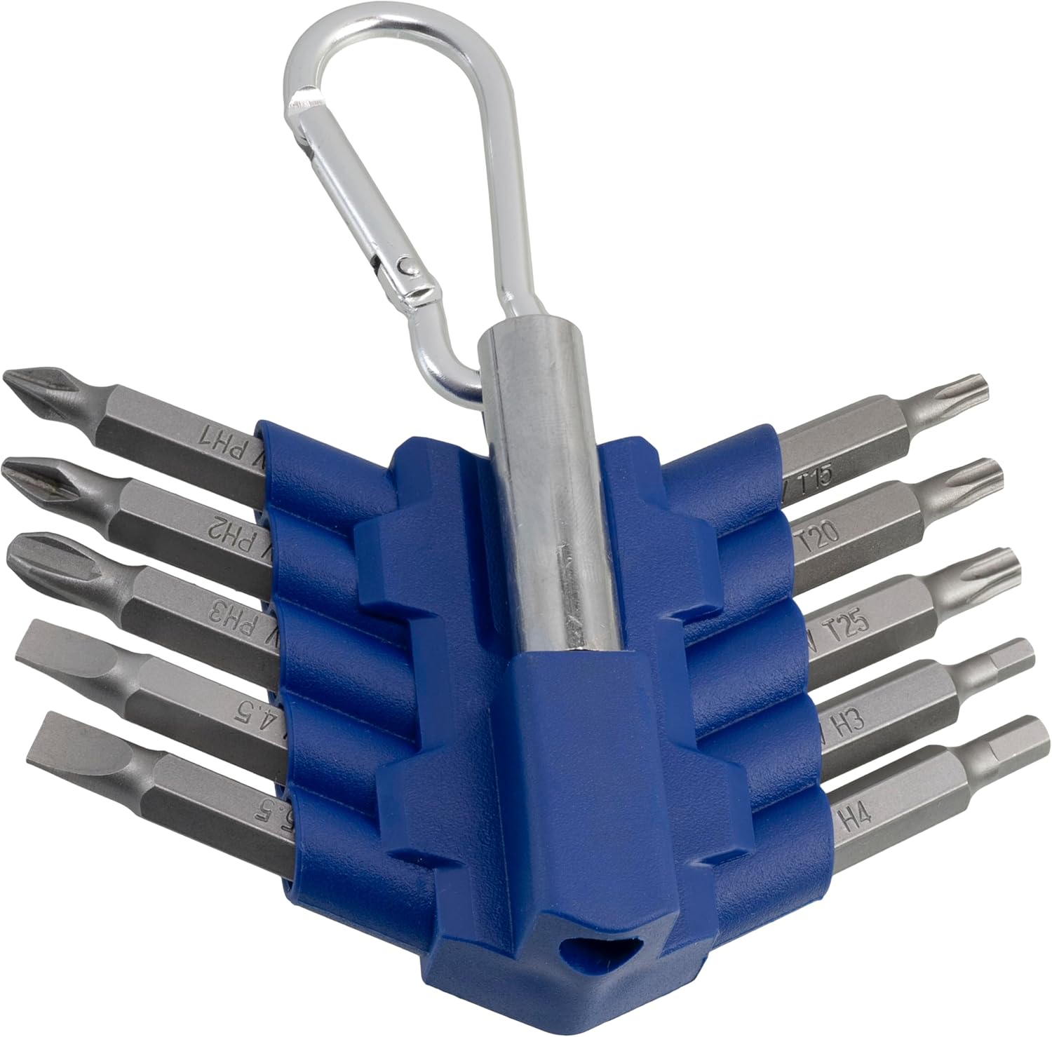 AERZETIX - C76312 - Set of 10 1/4 inch 6.35 mm long Bit Driver Screwdriver Bits + extension and carabiner - PH1 PH2 PH3 T15 T20 T25 SL4.5 SL5.5 H3 H4 - steel