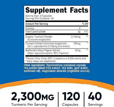 Nutricost Turmeric Curcumin with BioPerine, 2300mg, 120 Capsules, GMO-Free