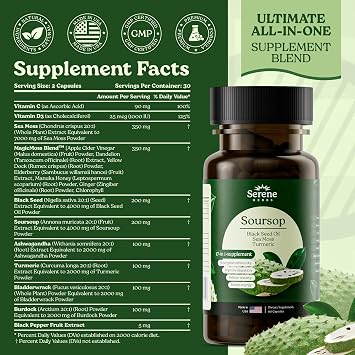 Serene Herbs 17-in-1 Sea Moss Capsules with Irish Seamoss, Black Seed Oil, Ashwagandha, Turmeric & Bladderwrack - Advanced Immunity, Energy & Gut Support - Natural Herbal Supplement - 60 Count