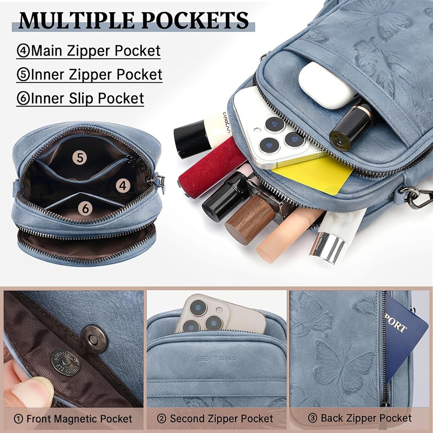 BELTANA Small Crossbody Bags for Women, Butterfly Vegan Leather Cell Phone Bag Trendy Wallet Purse with RFID Card Slots | Triple compartment, Adjustable strap, Smooth zipper, Gifts for women