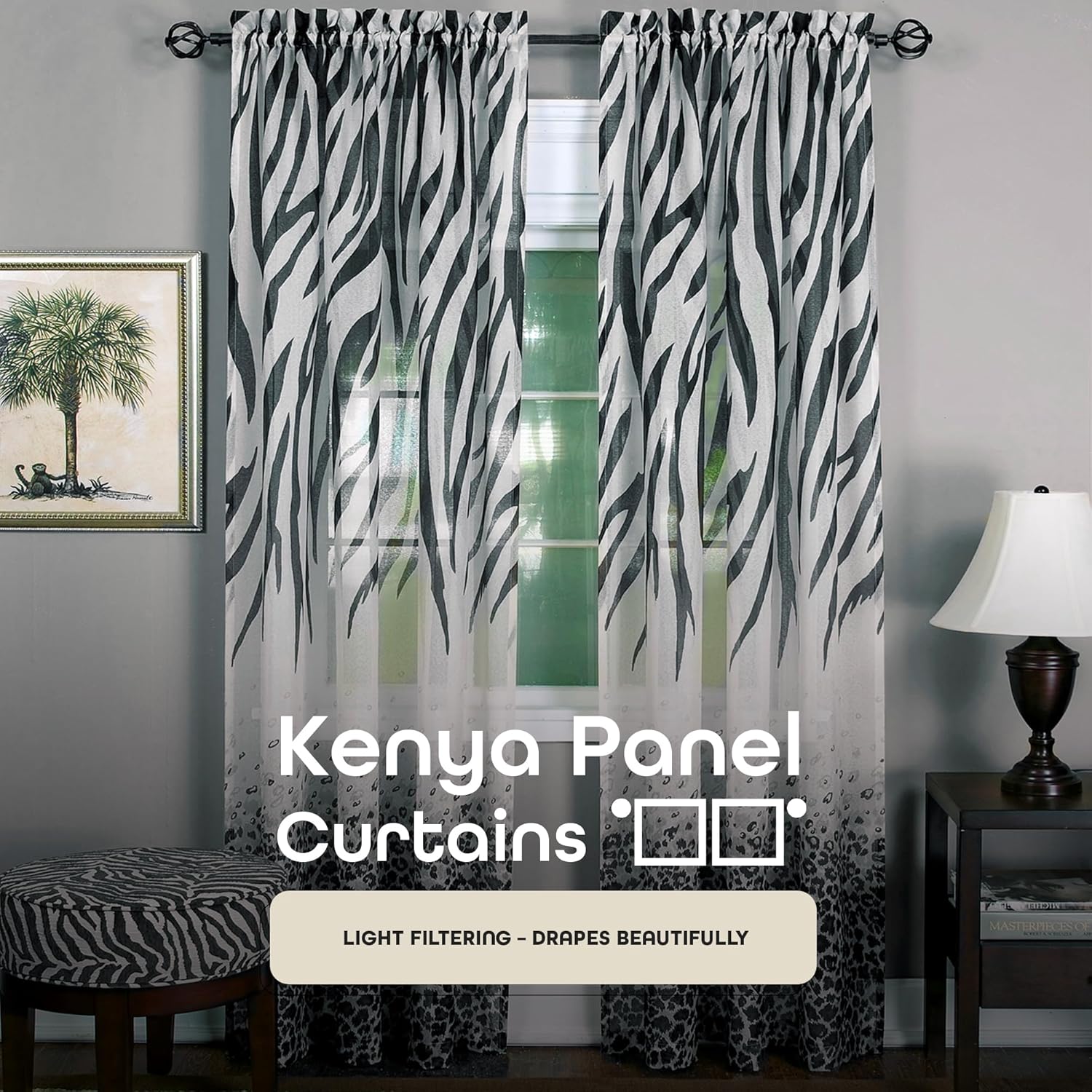 ACHIM Light Filtering Kenya Curtain Panels for Windows - 50" x 63" - Black - Animal Print African Style Drapes for Bedroom & Living Room - Polyester, Machine Washable Home Furnishings