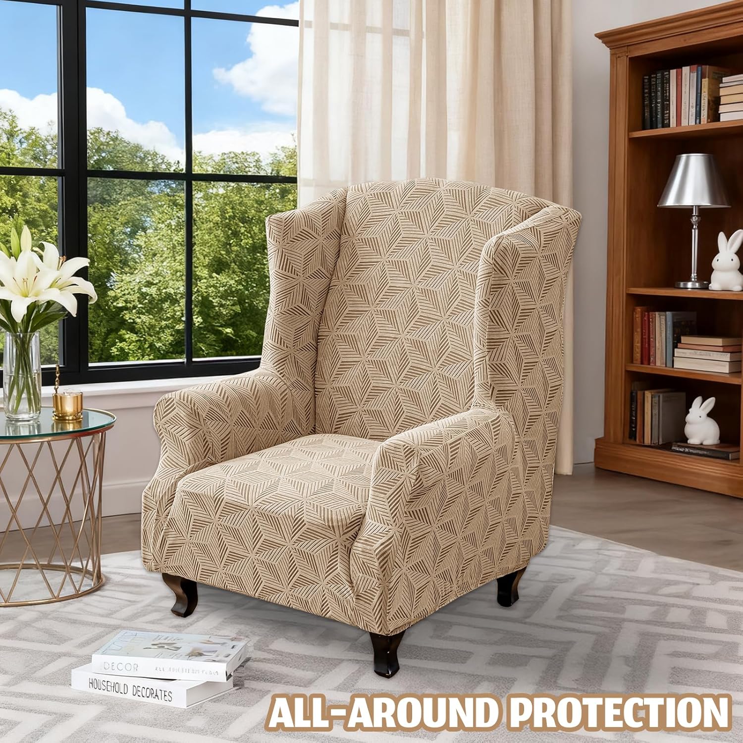 YEMYHOM 1 Piece Stretch Wingback Chair Cover Wing Chair Cover Armchair Slipcover Thickened Slipcover Non-Slip Furniture Protector with Foam Rods for Living Room Bedroom (Khaki)