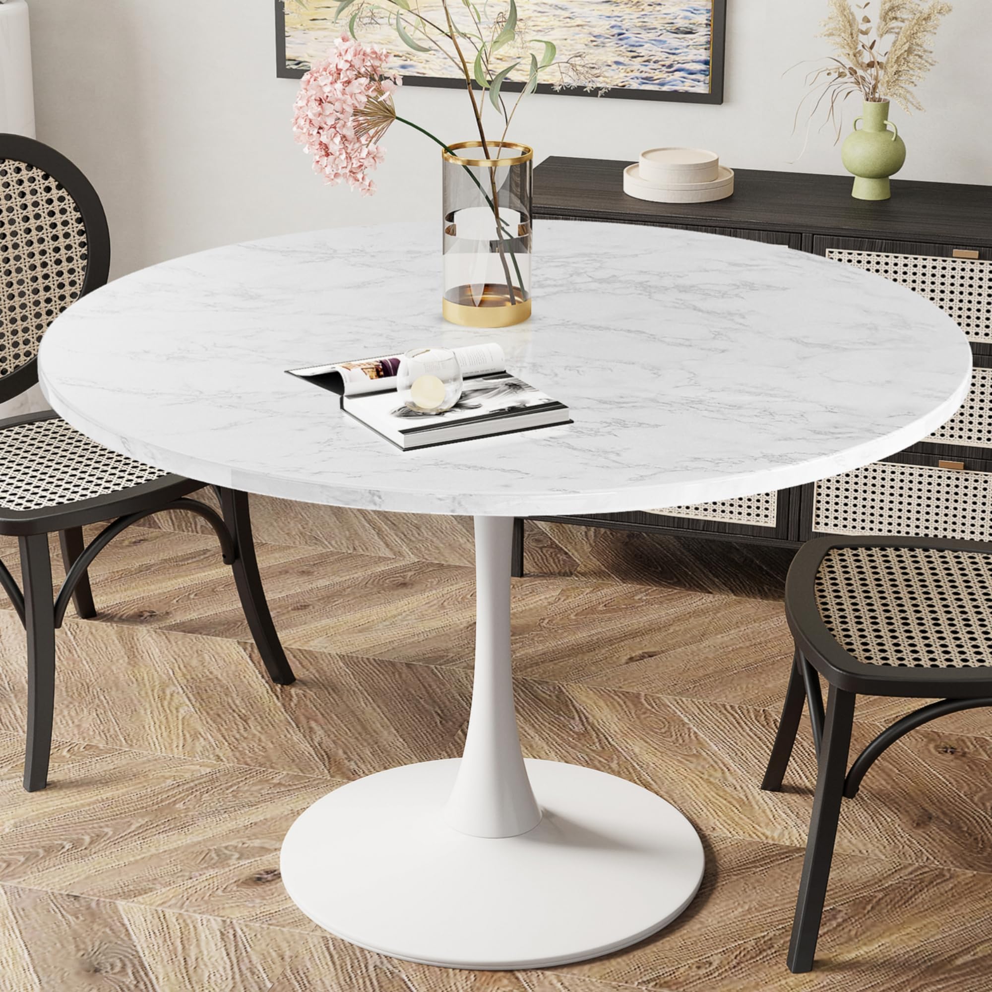 Recaceik Modern Round Dining Table, 42.1'' Tulip Table with MDF Table Top & Metal Pedestal Base for Dining Room Living Room Cafe w/ 0.71” Thickened Tabletop for 4-6 People, White Marble