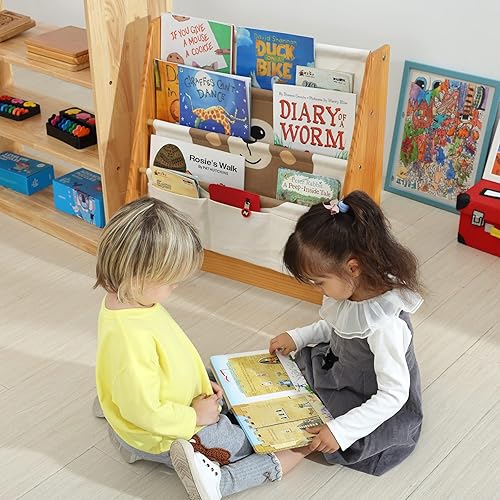 Miniatura 7 de KRAND Estantería para niños pequeños y niñas, organizador de libros, con mangas de lona impresas con animales y estructura de madera maciza