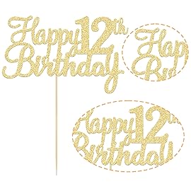 Gyufise 1Pc Happy 12th Birthday Cake Topper Glitter 12th Birthday Cake Pick Cheers to 12 Years Old Twelve Fabulous Cake Decorations for 12th Birthday Theme Party Supplies Gold