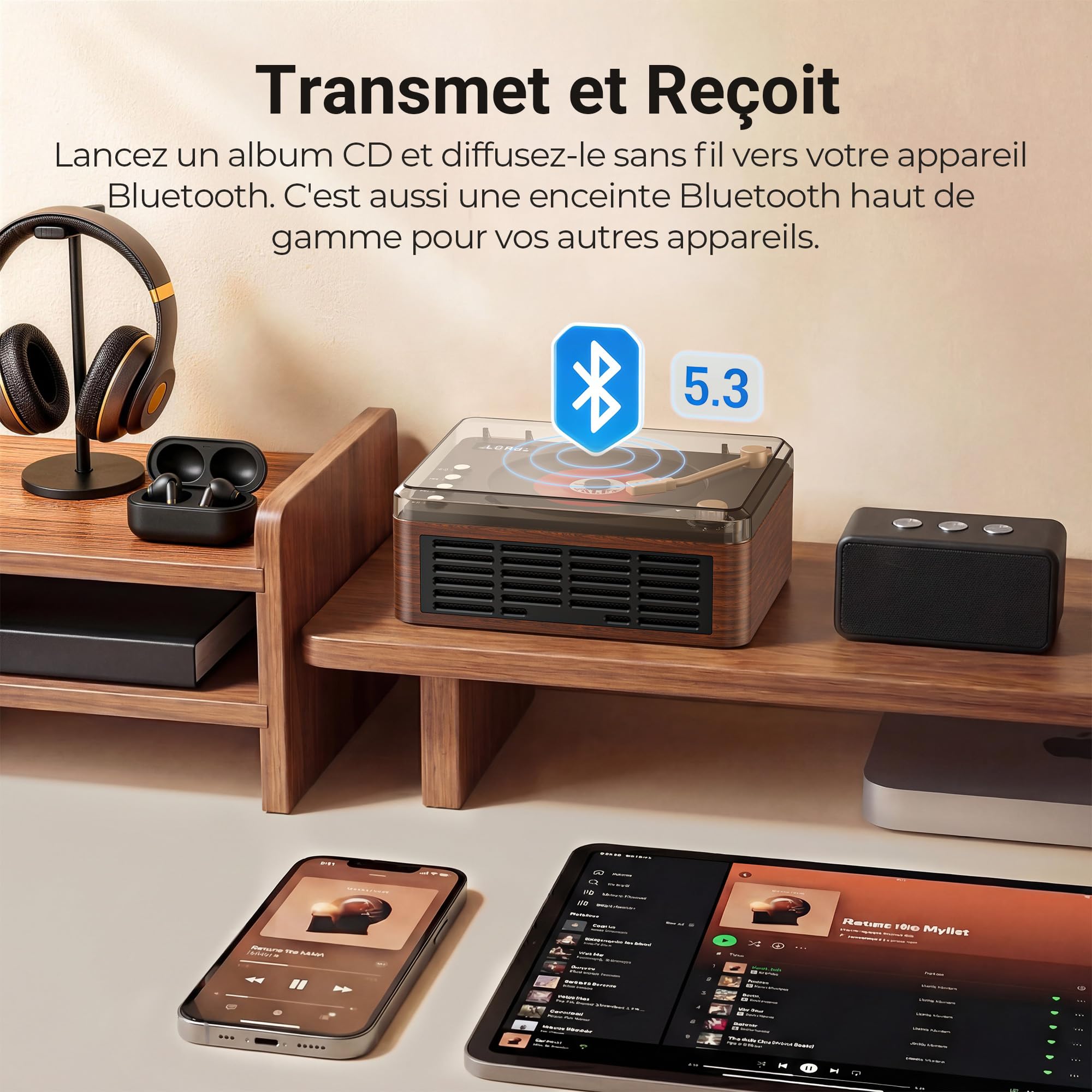 POFOTO Lecteur CD Portable Multifonction, Enceinte Bluetooth Rétro, Batterie Rechargeable 3600mAh, avec Radio FM/Preset EQ/USB/AUX, Écran LCD, Double Haut-Parleur, Télécommande – Maison ou Cadeau