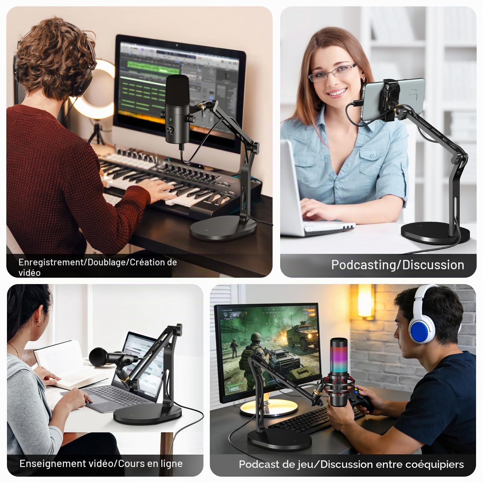 Aokeo support de Micro pour bureau, bras micro avec adaptateur 3/8" vers 5/8", compatible avec Blue Yeti, HyperX QuadCast, SoloCast, Shure SM7B, MV7X