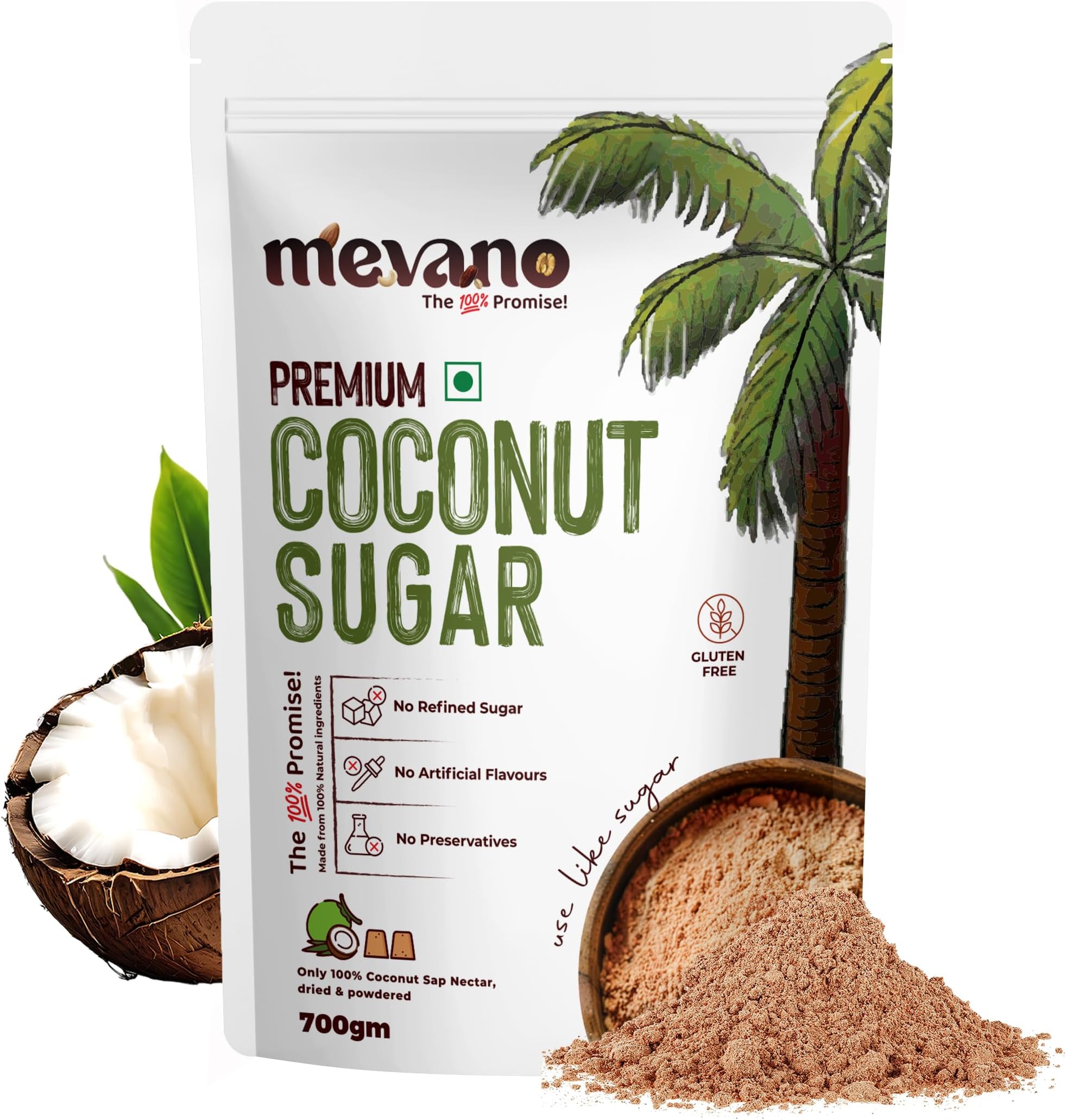 Mevano Coconut Sugar (700g) for Kids & Adults | Unprocessed Coconut Jaggery Natural Sweetener (Gur/Gud) Powder | Healthy Sugar Substitute | No Preservatives or Additives