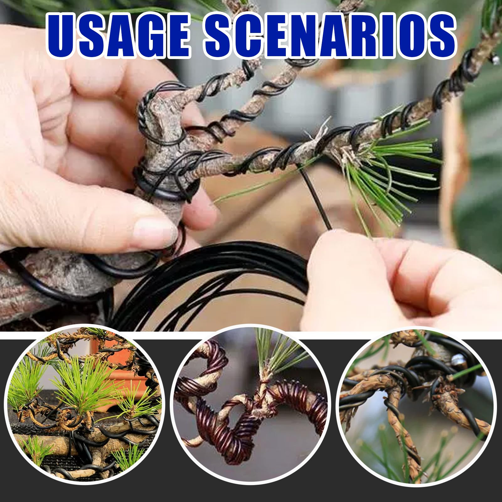 Glarks Kit de 5 rollos de alambre para bonsái, 2 mm, 3 mm, 0,8 mm, 1 mm, 1,5 mm, aluminio, bonsái, ramas de árbol con cortador de alambre, juego de aluminio anodizado de 82 pies para sostener ramas de