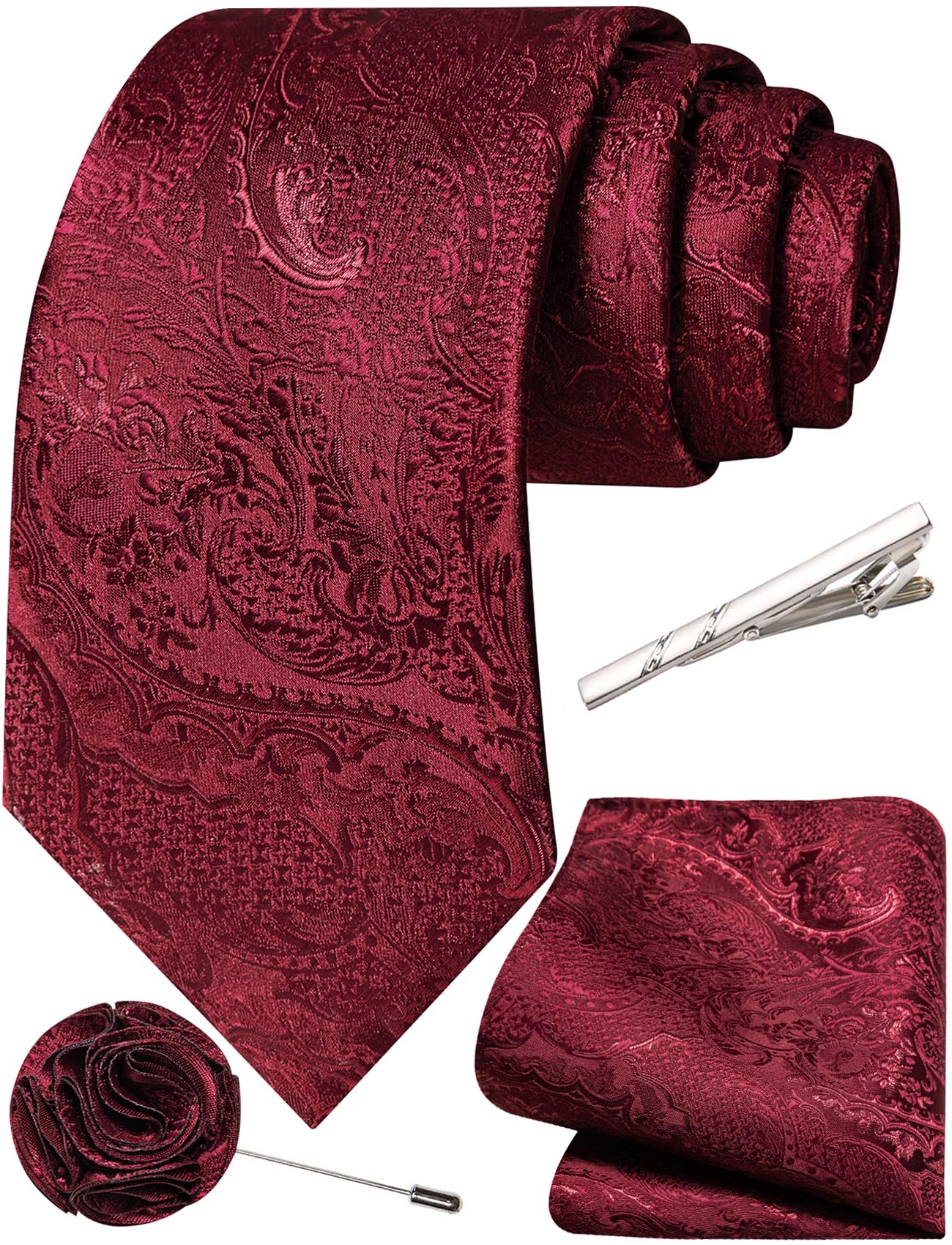 Unique Paisley Ties for Men Silk Neck Tie and Pocket Square Set with Tie Clip Lapel Pin Wedding Formal