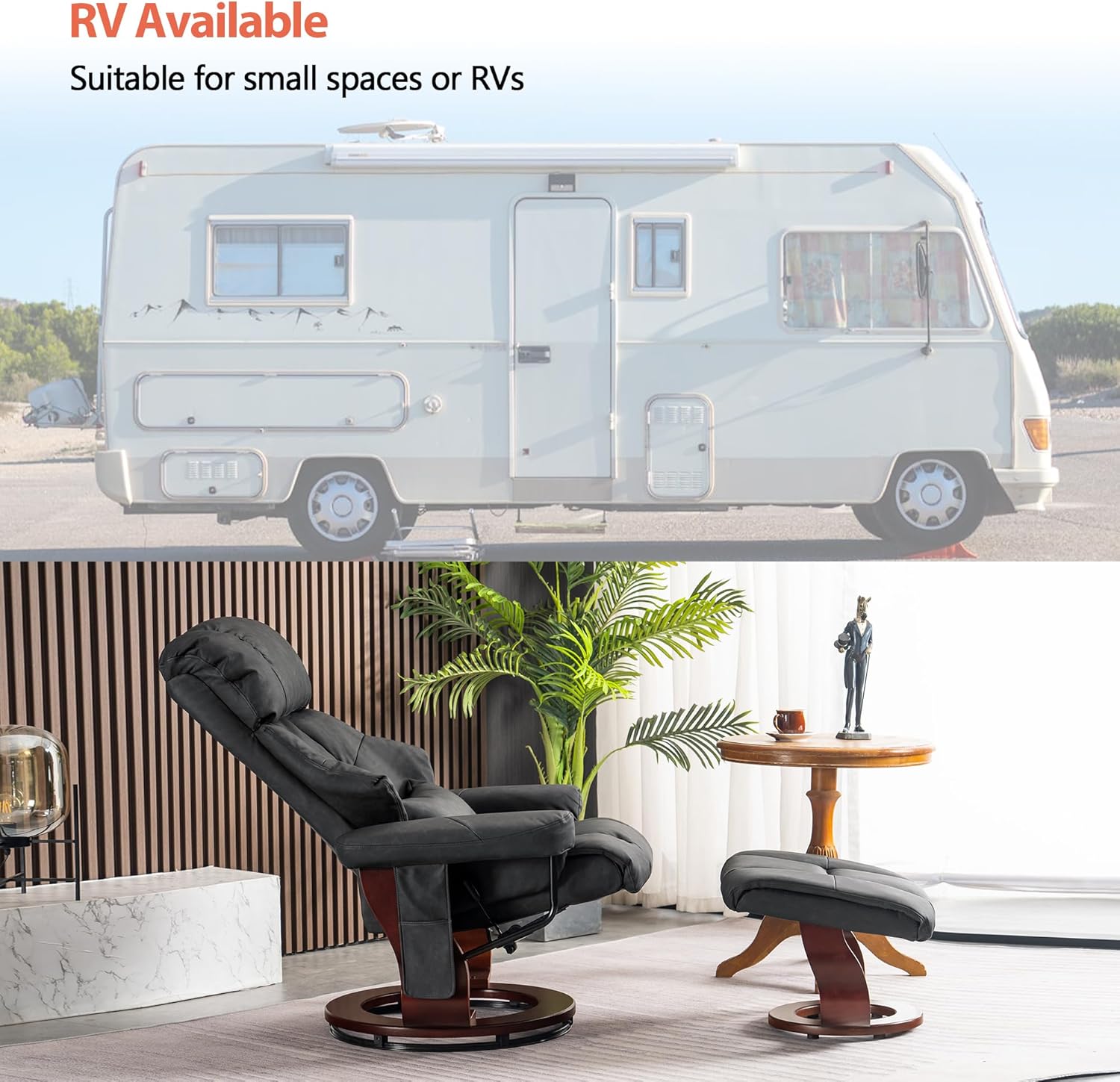 MCombo Manual Swivel Recliner with Ottoman, Reclining Chair with Vibration Massage for Small Spaces, Living Room, Office, Faux Leather 9068 (Dark Grey)