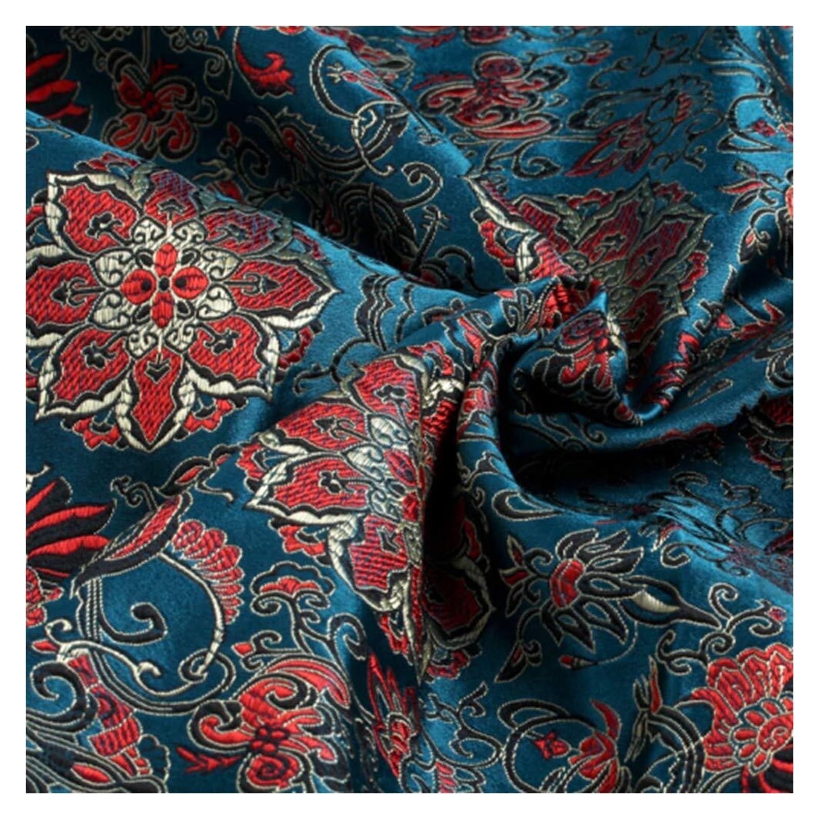 Tessuto da Ricamo Cinese, Broccato di Raso Floreale, Larghezza 75 cm, for Quilting Fai da Te(Dark Blue,100cm)