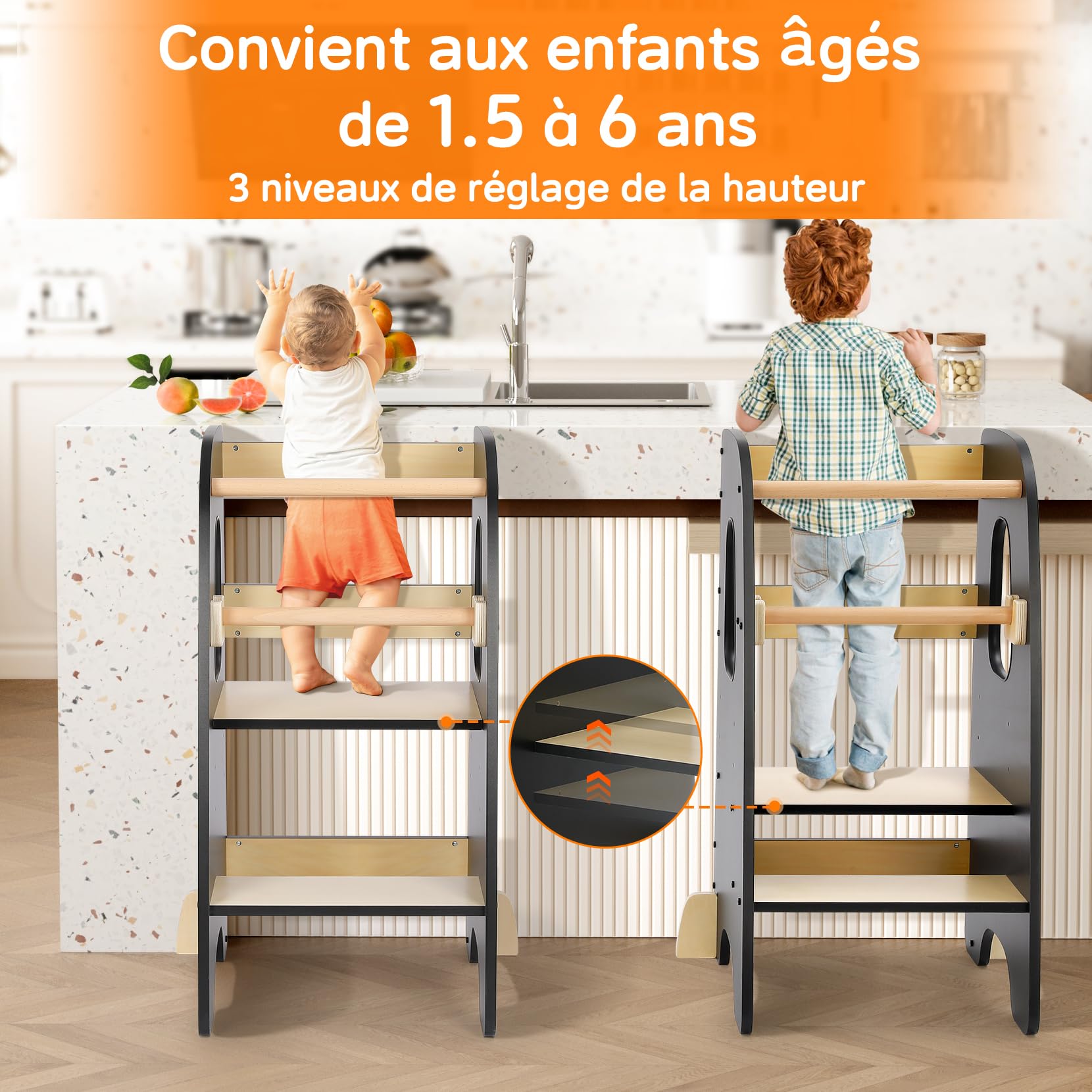 Tour d'apprentissage pour Enfants, Tour d'apprentissage 3 Hauteurs Réglables, Tour d'observation Enfant Montessori, Tour Eveil Bébé en Bois (Noir)