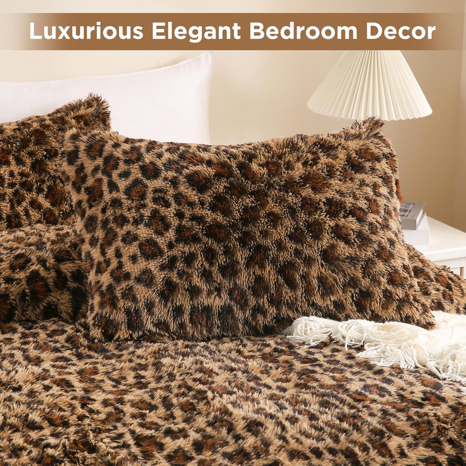 Cheetah Print Fluffy Faux Fur Comforter Set Full Size, 3 Pieces Brown Leopard Plush Shaggy Fuzzy Bedding Set, Ultra Soft Luxury Furry Boho Animal Print Winter Warm Comforter for Women Gilrs