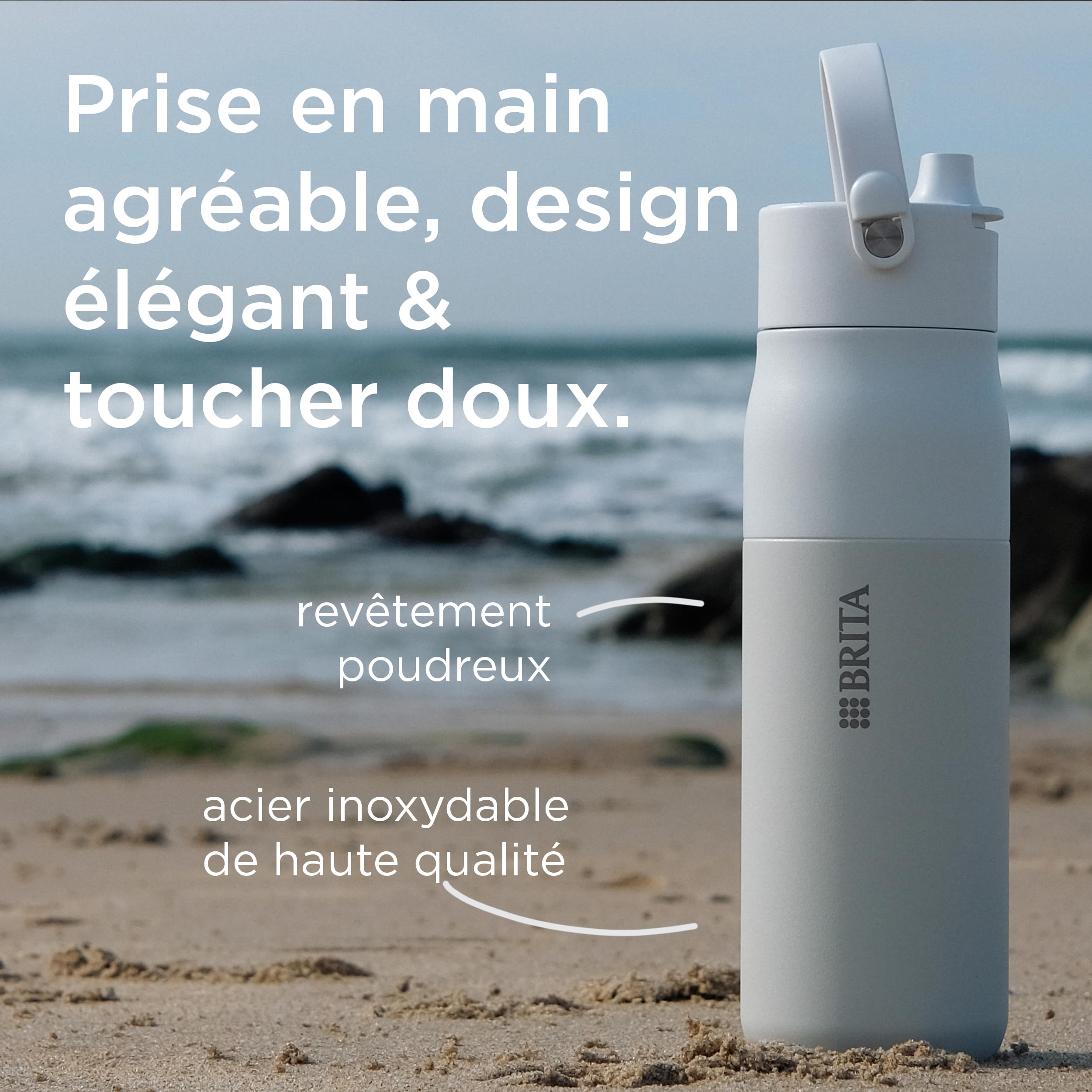 BRITA LARQ Essential gourde isotherme Blache (680 ml) en acier inoxydable avec paille intégrée, double paroi isolante,(conserve l'eau froide 24h), poignée amovible soft-touch
