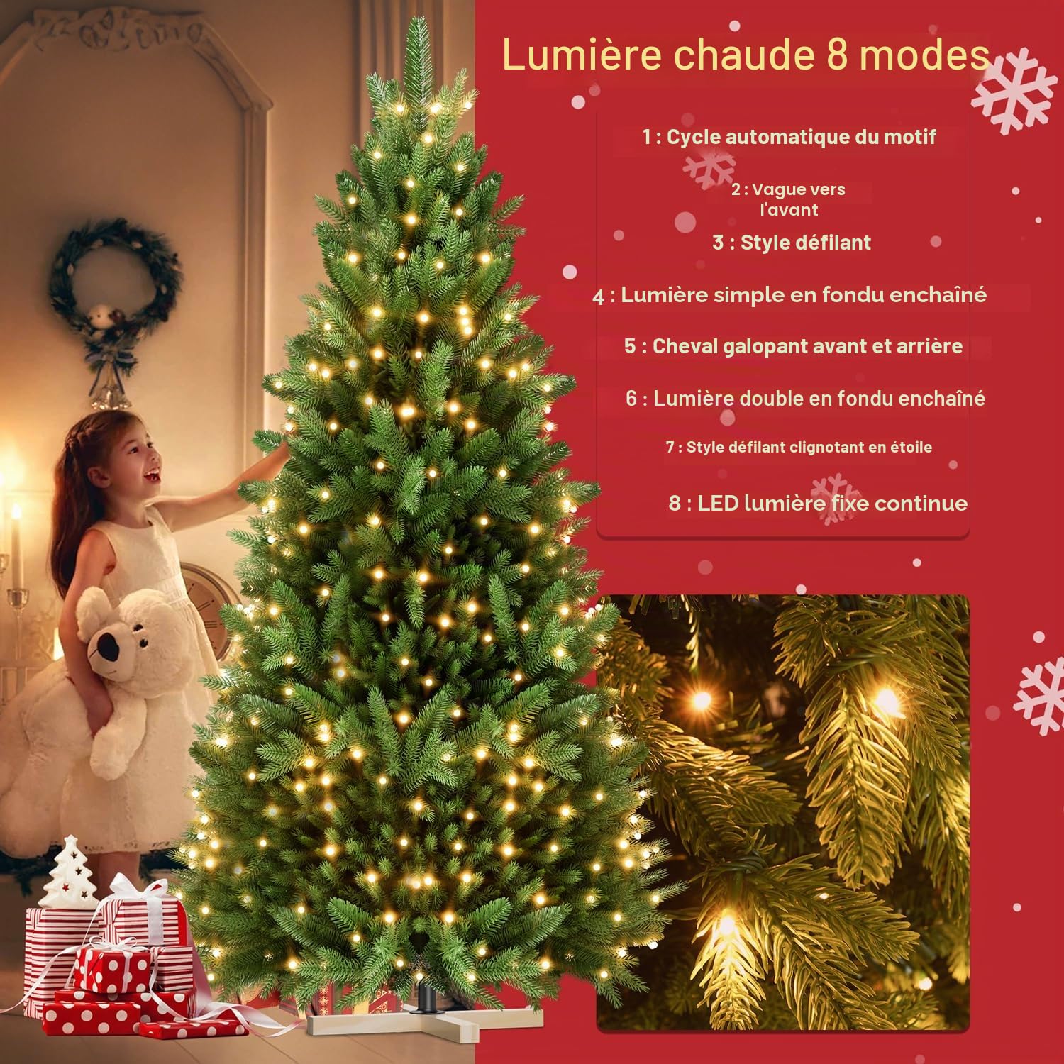 LZQ Sapin de Noël artificiel avec support en bois - Avec éclairage - Avec branches et lumière LED chaude - Pour décoration de Noël - Intérieur et extérieur - 150 cm