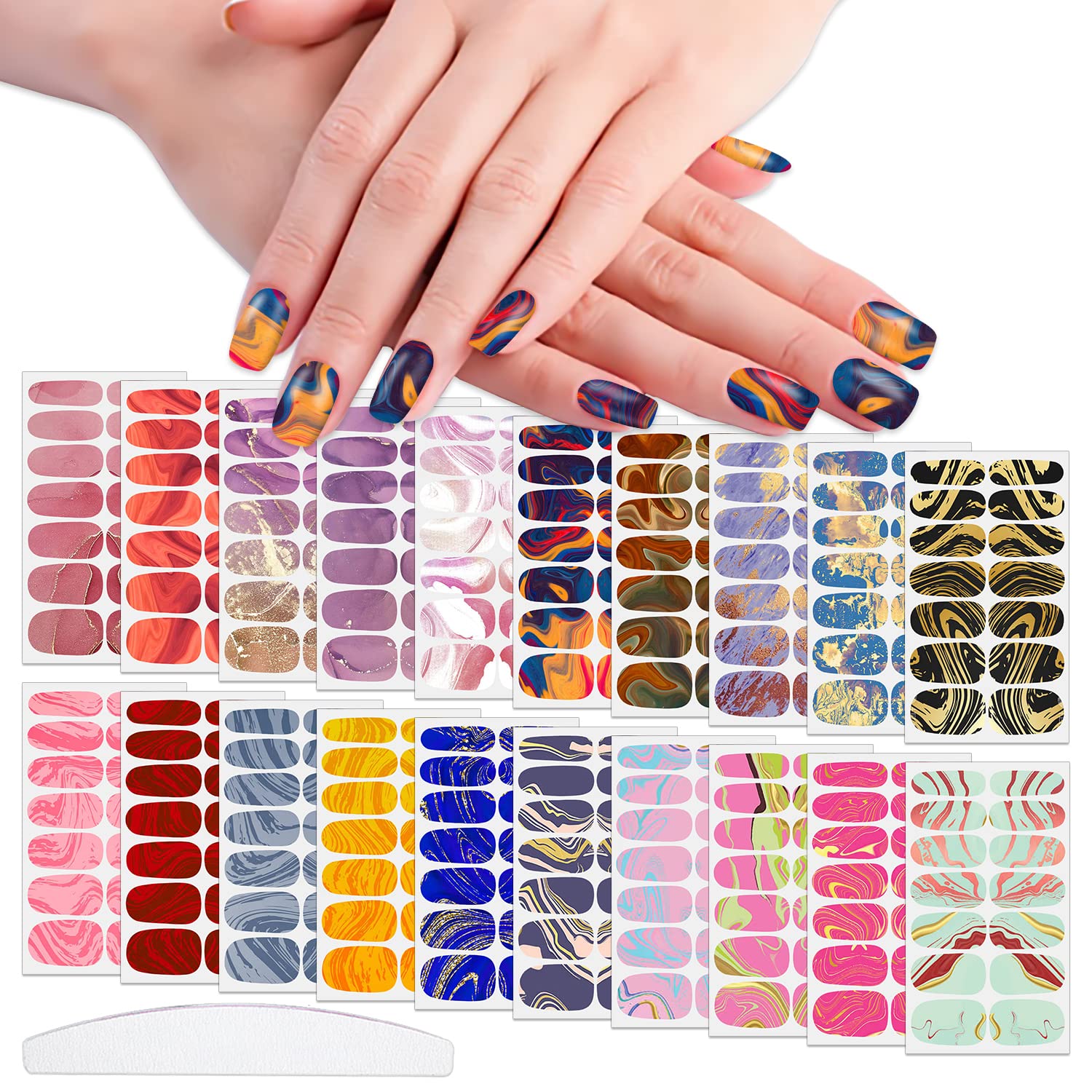 Wokoto 20 Sheets 280 Tips Marble Nail Stickers - Gradient Blooming Nail Art Self Adhesive Decals Nail Polish Strips Gel Nail Strips