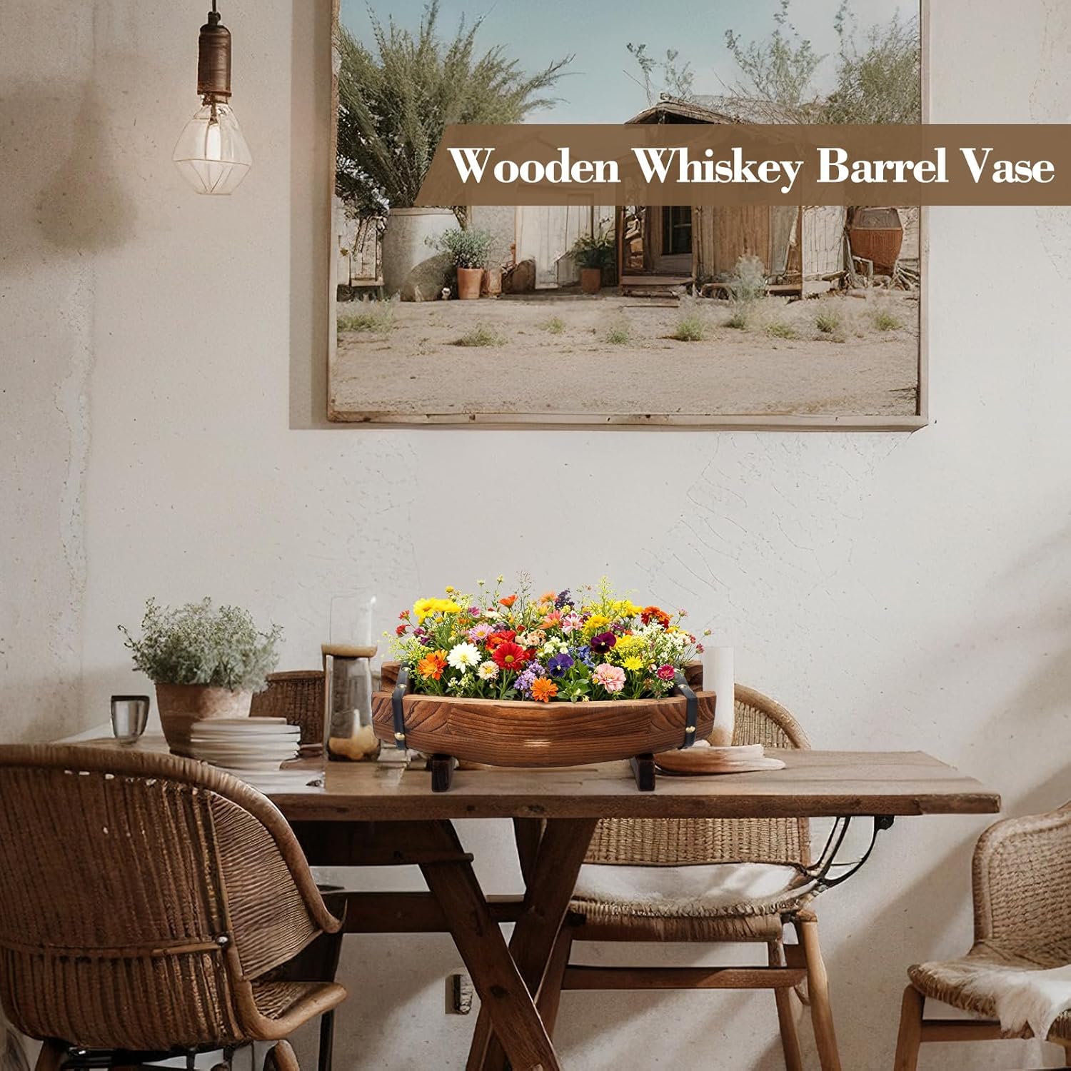 2 Pcs Wooden Whiskey Barrel Vase Vintage Flower Vase Container Rustic Half Barrel Planter for Wedding Reception Table Decoration Home Indoor Outdoor Garden Kitchen Party Table Decoration