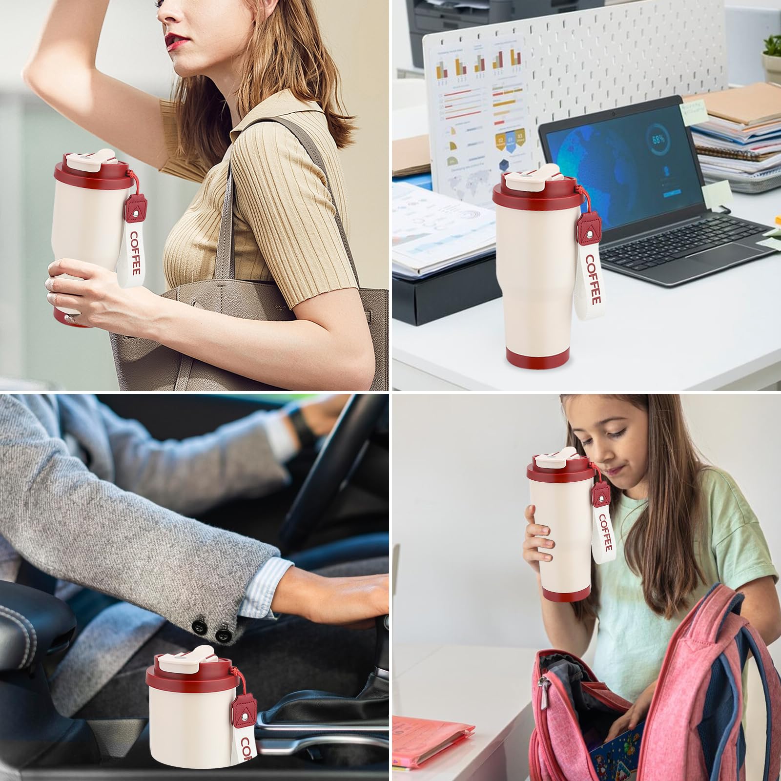 Thermos Café Mug Isotherme 530ml - Tasse en Acier Inoxydable 304, Anti-Fuite, Double Paroi Isolante, avec Paille et Bec Verseur, Idéal pour Boissons Chaudes et Froides (Rouge
