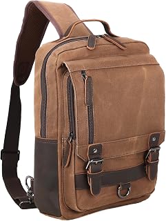 Polare Waterproof Waxed Canvas Cowhide Leather Trim Travel Rucksack Sling Bag Casual Messenger Shoulder Backpack Vintage Crossbody Daypack (Brown-Medium)