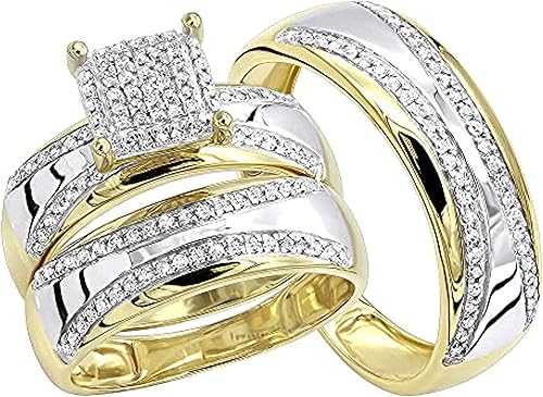 Juego de anillos de compromiso de diamantes de corte redondo DVVS1 para él y para ella, plata de ley 925 chapada en oro de dos tonos de 14 quilates,