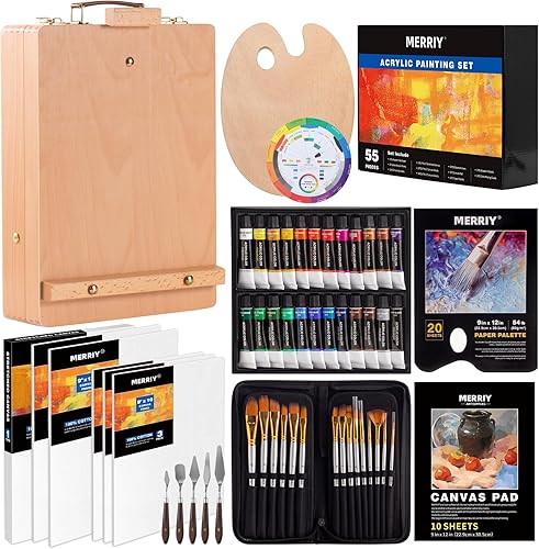 MERRIY Juego de pintura acrílica de 80 piezas, kit de suministros de pintura para artistas con caballete de caja de bocetos de mesa, pinturas