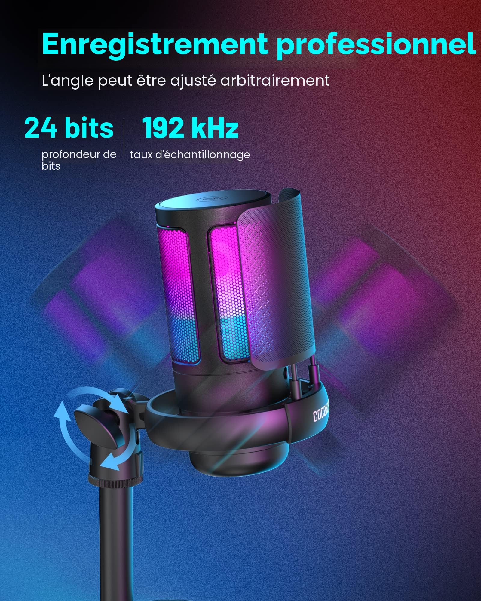 USB Microphone USB à condensateur, RGB Microphone Gaming, Une touche muet、Le bouton contrôle le volume、Filtre anti-pop en métal, pour le streaming, les jeux, les podcasts, la production musicale