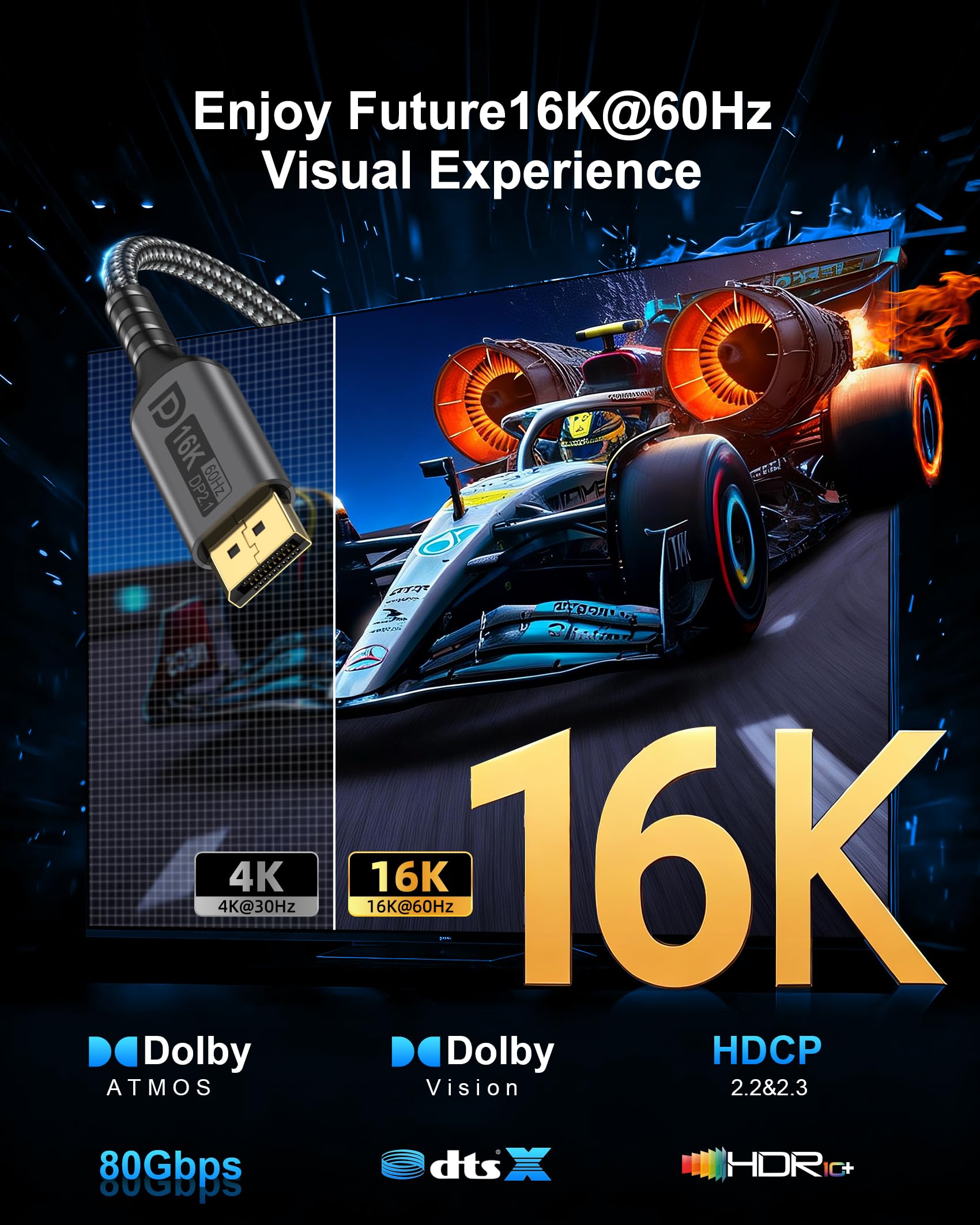 Kabel 16K DisplayPort 3 m - DP 2.1 kabel do gier, HDR, dynamicznego HDR10+, 16K przy 60 Hz, 8K przy 120 Hz, 4K przy 240 Hz, kompatybilny z monitorem gier, laptopem, kartą graficzną, HDTV