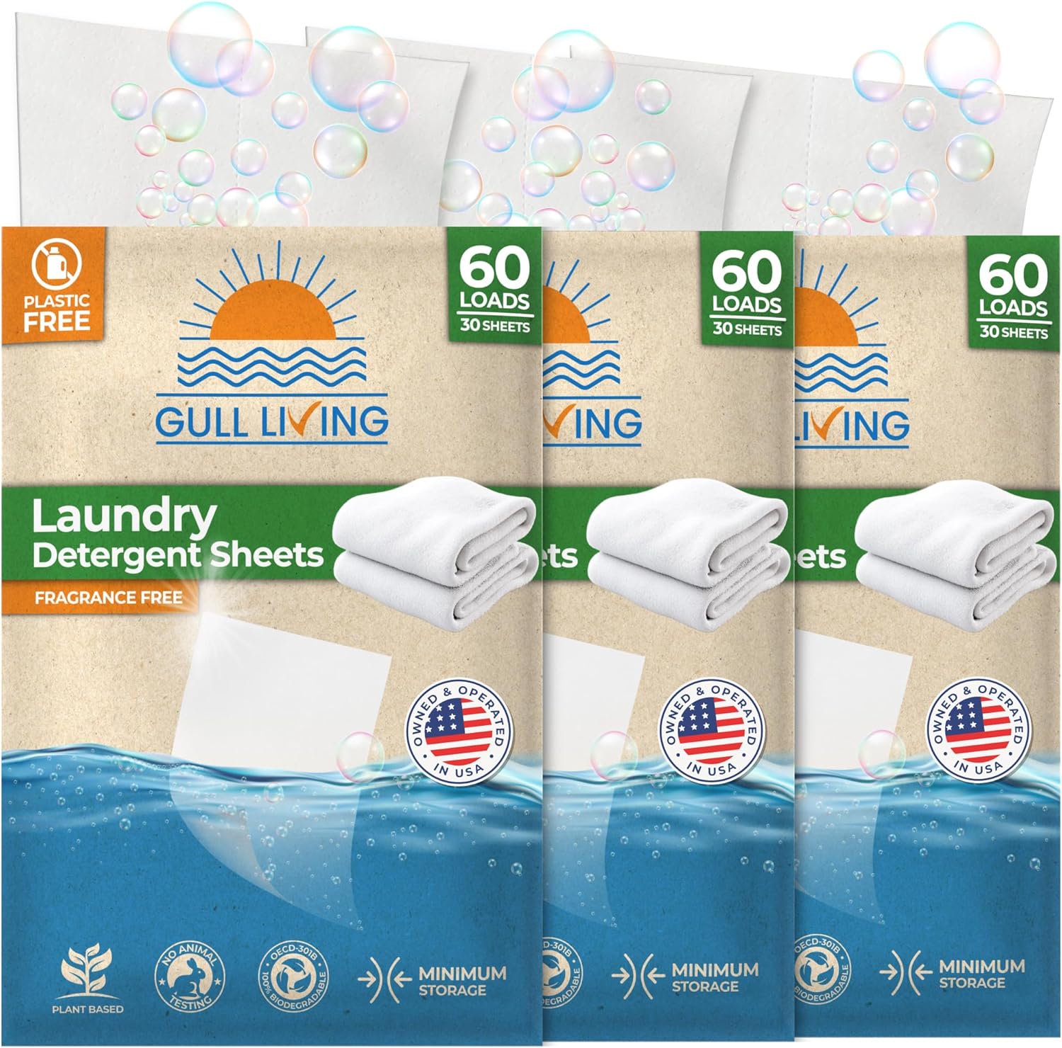 Gull Living Home Travel Laundry Detergent Sheets - 180 Loads - Eco Laundry Detergent Sheets Unscented - Tackles Tough Stains - Travel Friendly (Pack of 3)