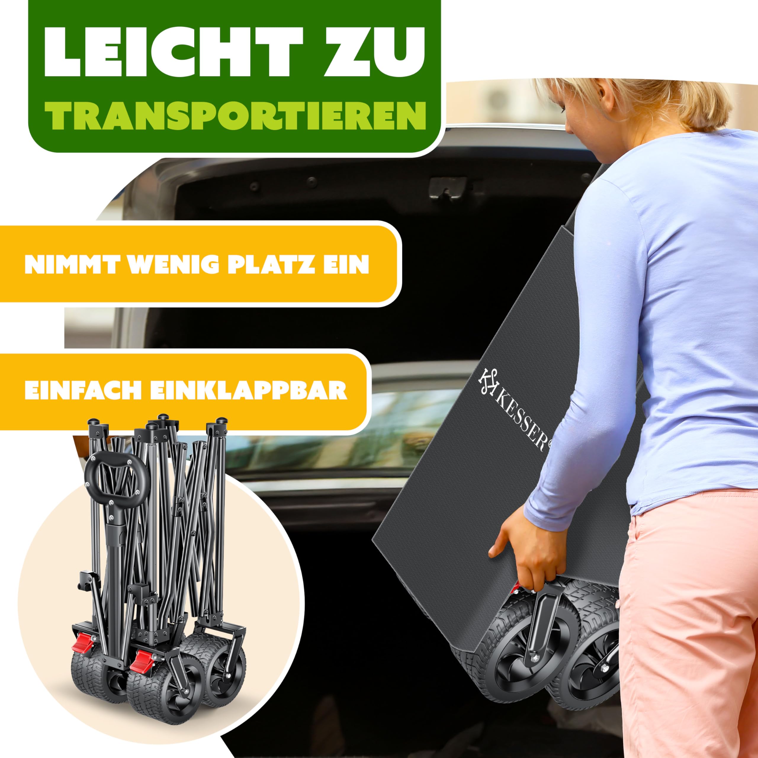 KESSER® Bollerwagen GTR9000 Handwagen 200Kg | 300L Stauraum Transportwagen faltbar extra breite 360° Räder & Feststell-Bremsen Wetterbeständig Strandwagen inkl Abdeckung Seitentasche & Getränkehalter