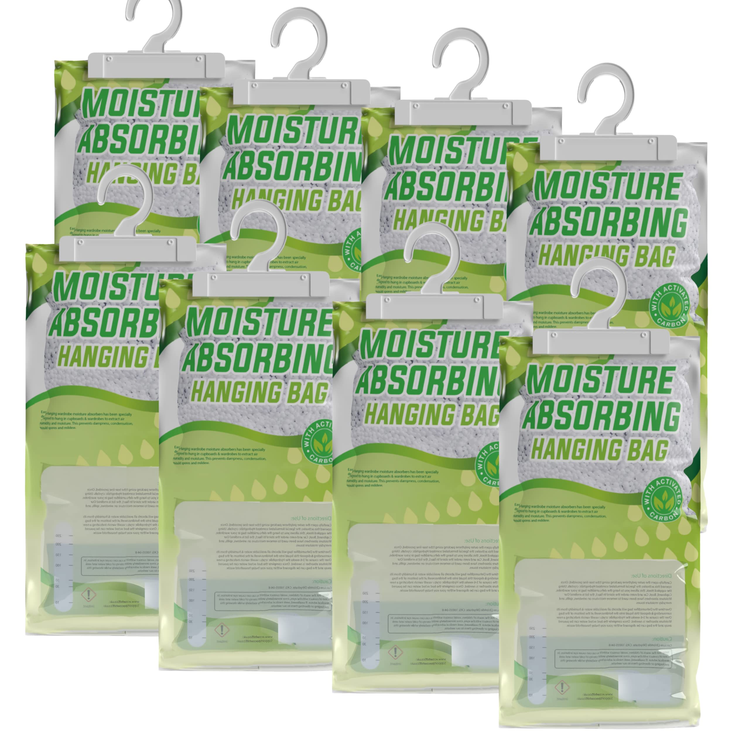 Eco Whiff Super Absorbent Wardrobe Dehumidifier Hanging Bags Pack of 8 – Moisture Absorber to Stop Damp, Mould, Mildew & Condensation | Premium Damp Absorber Ideal for Wardrobe, Home, Caravan