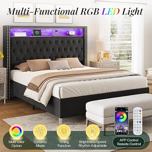 Miniatura 4 de Jocisland Base de cama tamaño Queen de 53.6 pulgadas de alto, cabecero de almacenamiento con luces LED y estación de carga, cama tapizada de Negro