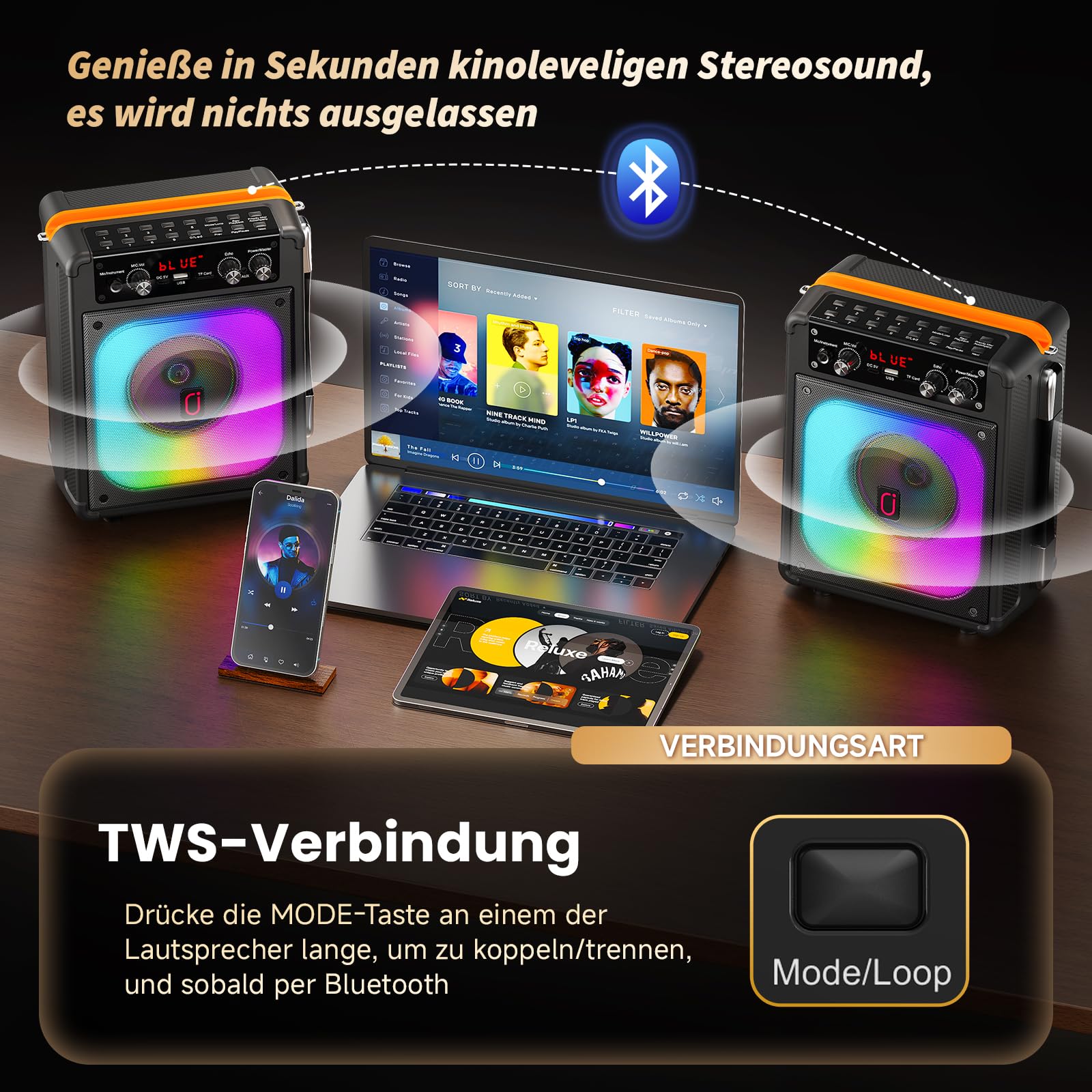 HWWR Karaoke Maschine mit 2 Kabellosen Mikrofonen, Tragbarer Bluetooth Lautsprecher mit LED-Licht & Schultergurt, TWS Partybox für Erwachsene & Kinder, PA System für Zuhause & Outdoor