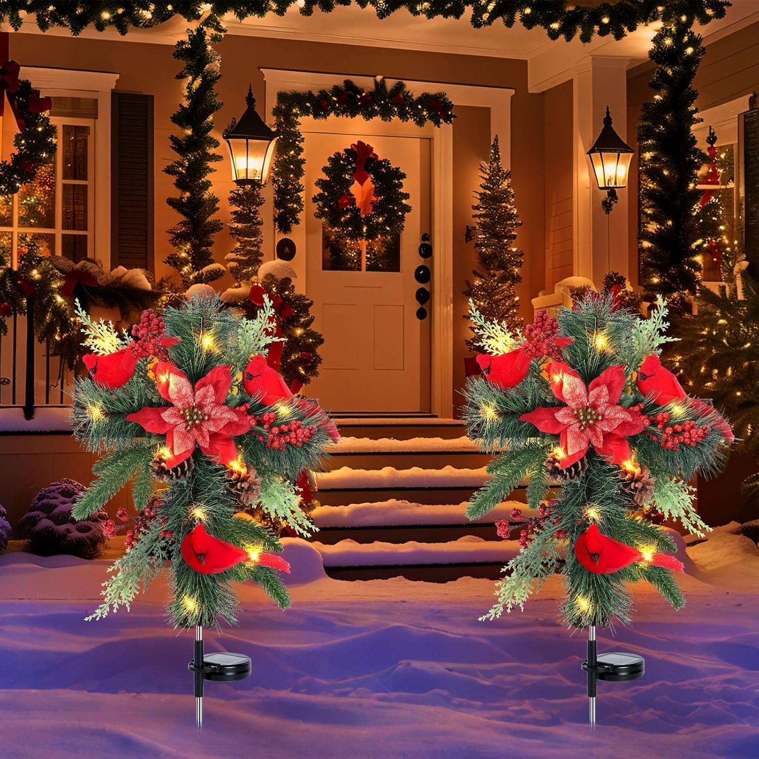 2 pack 36" outdoor solar lights christmas decorations red birds xmas waterproof cross stake cemetery grave decor faux poinsettia pine cones red berries ornament stakes for garden yard lawn cemetery christmas 2