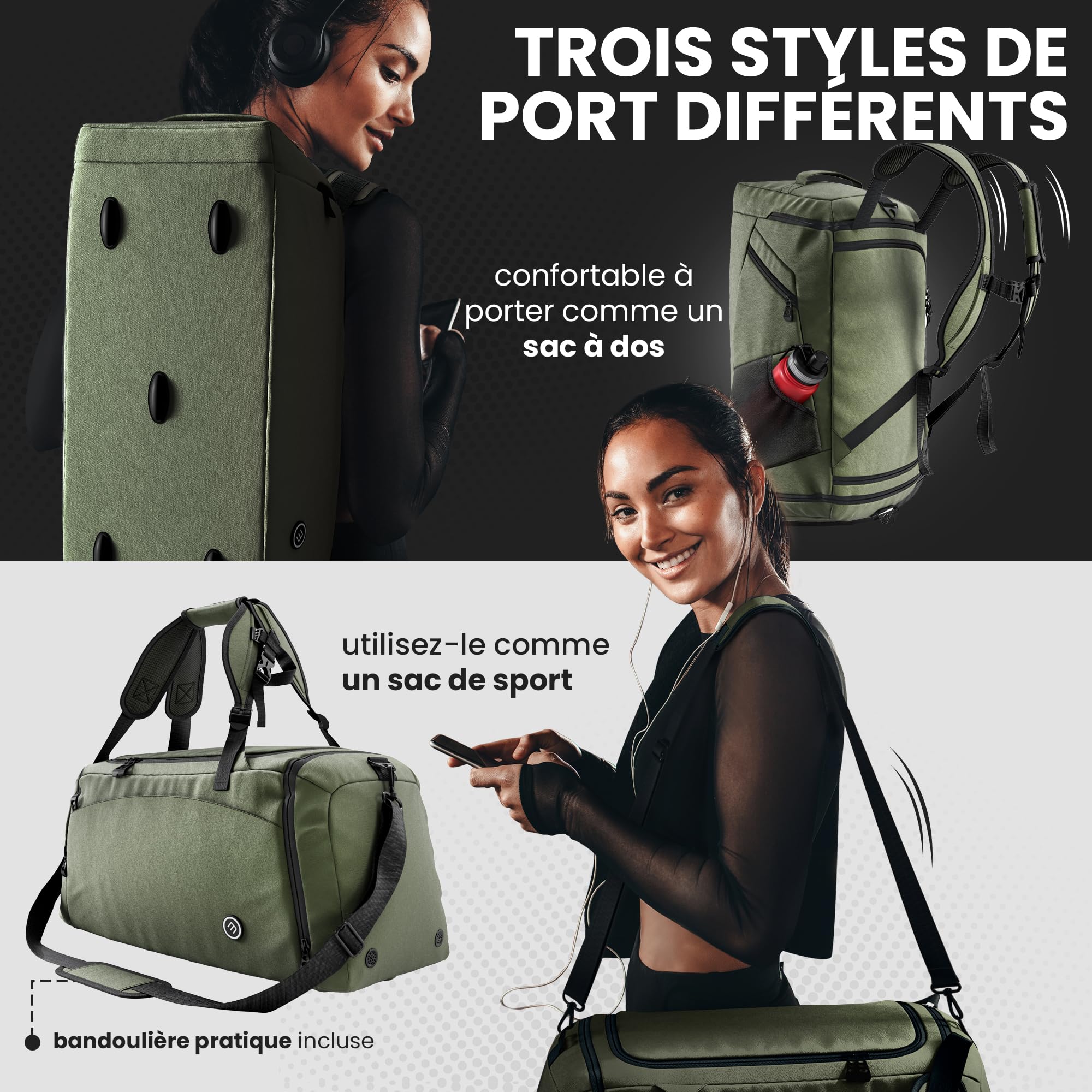 bemaxx Sac de Sport Homme Femme Sac de Voyage avec Compartiment à Chaussures, Compartiment Humide | 40/60L avec Fonction Sac à Dos, 30/50L Sac d'entraînement Sac de Fitness Gym Bagage à Main