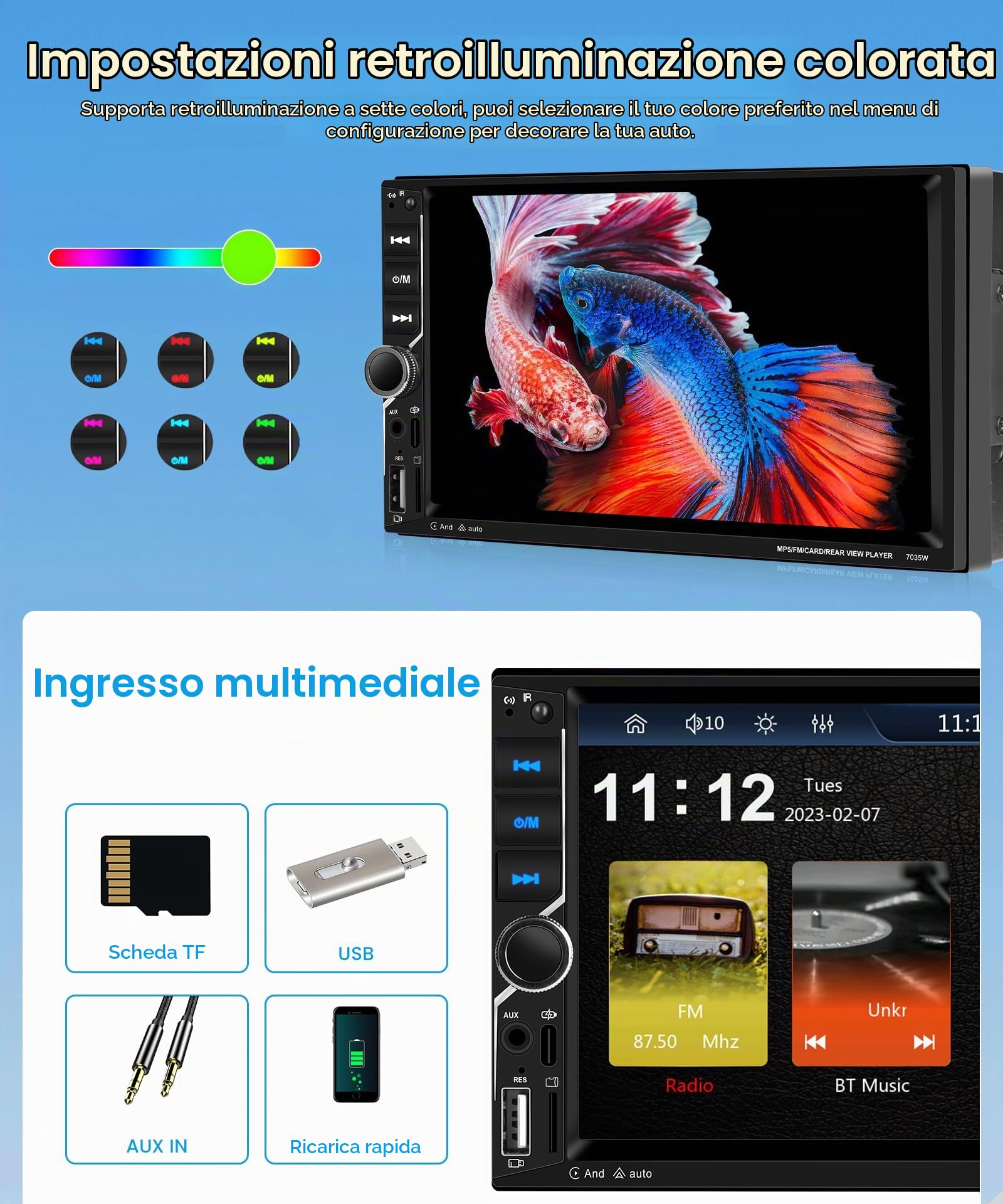 Rimoody Autoradio 2 Din con Senza Fili Carplay,7 Pollici 2 Din Radio Auto Bluetooth con Schermo HD con Android Auto Mirror Link GPS Navi FM/AUX/USB/EQ/DVR Comandi al Volante Telecamera Posteriore