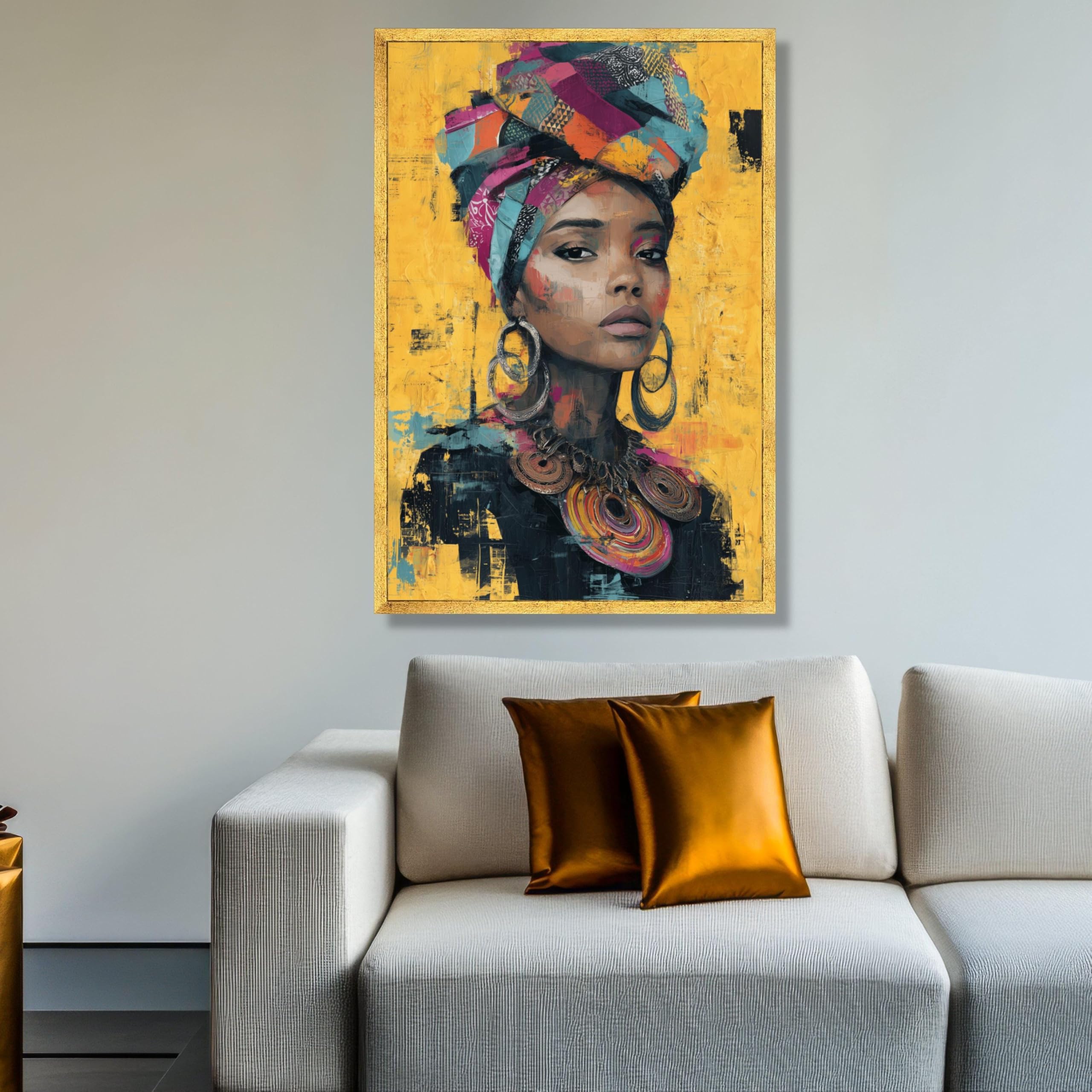 XINBAO Płótno przedstawiające portret afrykańskiej kobiety z kolorowym szalikiem. Nowoczesna dekoracja ścienna w stylu boho, gotowa do powieszenia (30 x 40 cm/rama wewnętrzna).