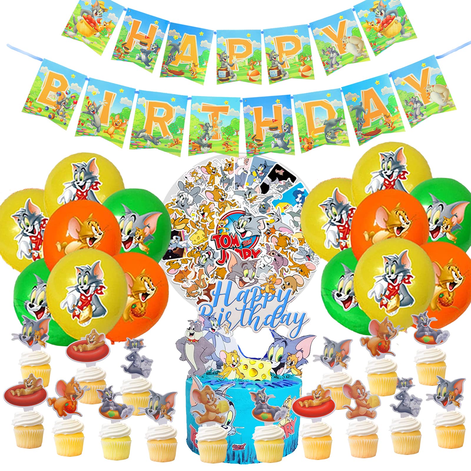 BGPARTY Tom and Jerry Birthday Party Supplies, Tom and Jerry Party Decorations for Boys and Girls Includes Birthday Banner, Stickers, Balloons, Birthday Cake Topper, Cupcake Toppers for Kids