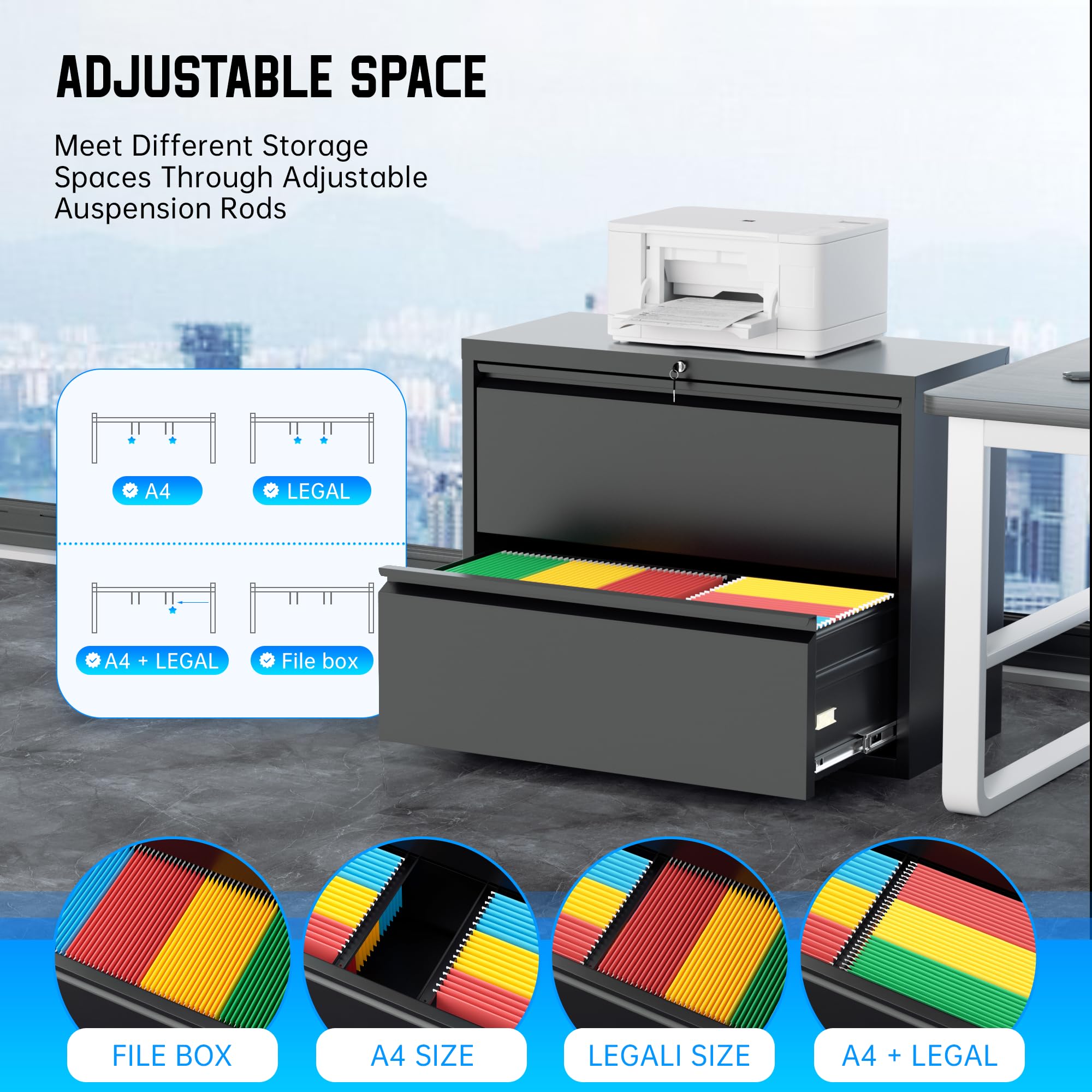 Greenvelly 2 Drawer File Cabinet, Black Metal Lateral File Cabinet with Lock, Office Filing Cabinet for Legal/Letter/A4/F4 Size with Hanging Files&Key, Lockable File Cabinets for Home Office