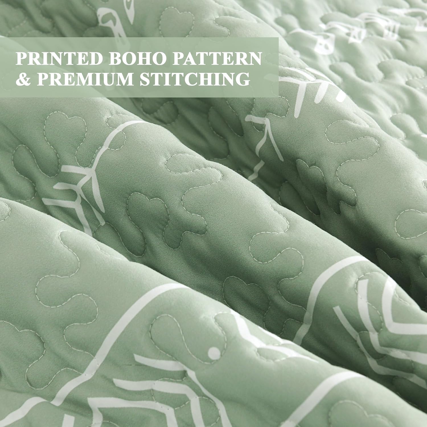 Andency Sage Green King Size Quilt Set, 3 Pieces Boho Lightweight Soft Striped Bedspread for All Season (106"x96"), Printed Bohemian Microfiber Reversible Coverlet Comforter Sets - Image 6