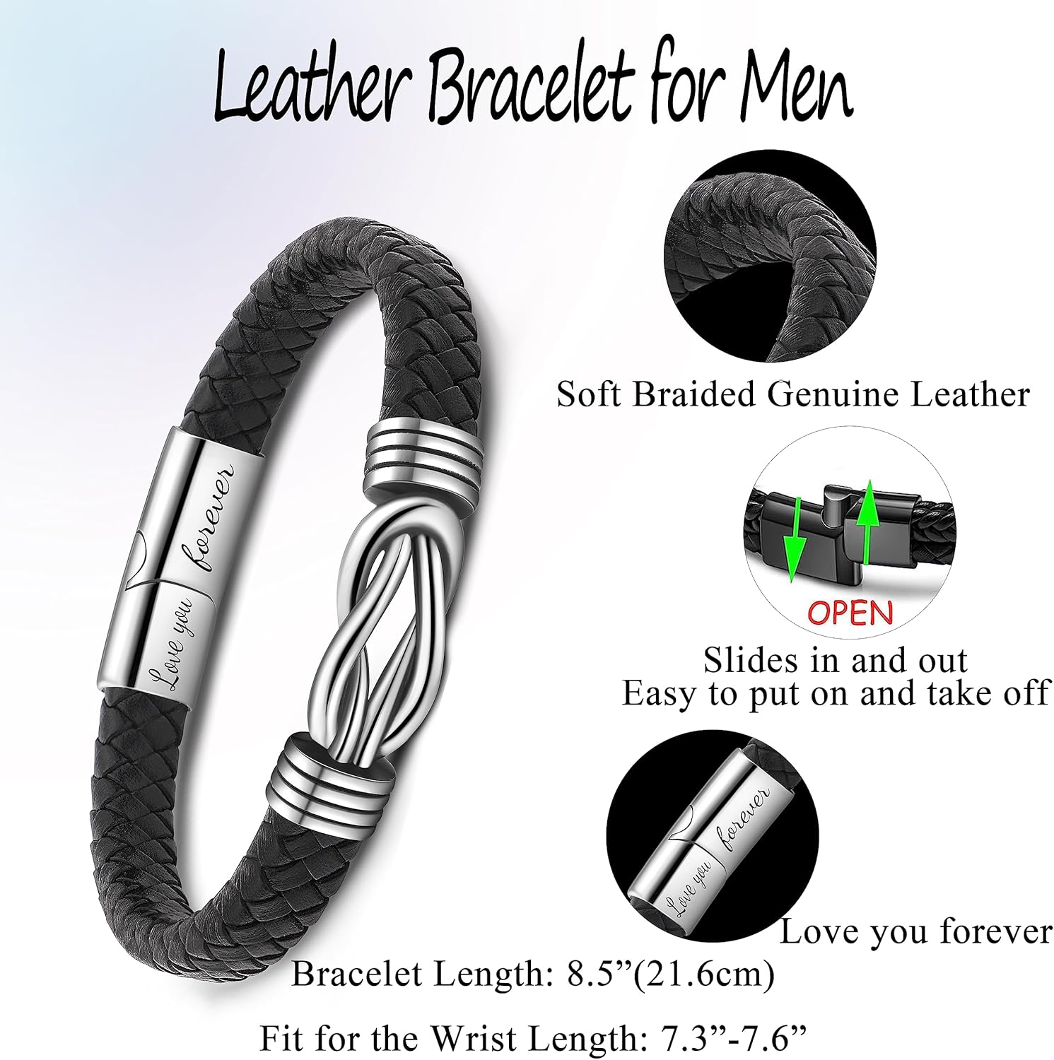 Memgift 𝐊𝐧𝐨𝐭 𝐁𝐫𝐚𝐜𝐞𝐥𝐞𝐭 𝐟𝐨𝐫 𝐌𝐞𝐧 Valentines Day Birthday Gifts for Son Grandson Husband Boyfriend Brother Man Black Braided Leather Infinity Bracelets Lettering Love You Forever - Image 7