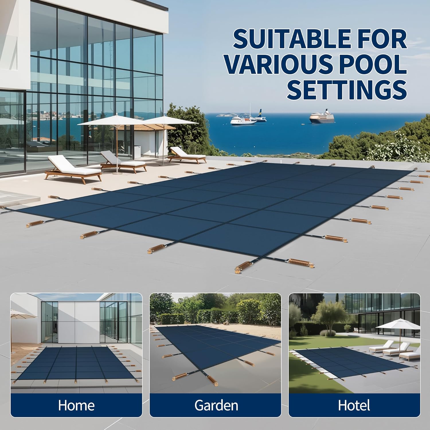 30x50ft Safety Cover, Fits 28x48ft Inground & Above Ground Swimming Pools, ASTM F1346 Certified, Triple-Stitched Heavy Mesh, PP, All-Season Use, Blue, Installation Kit Included