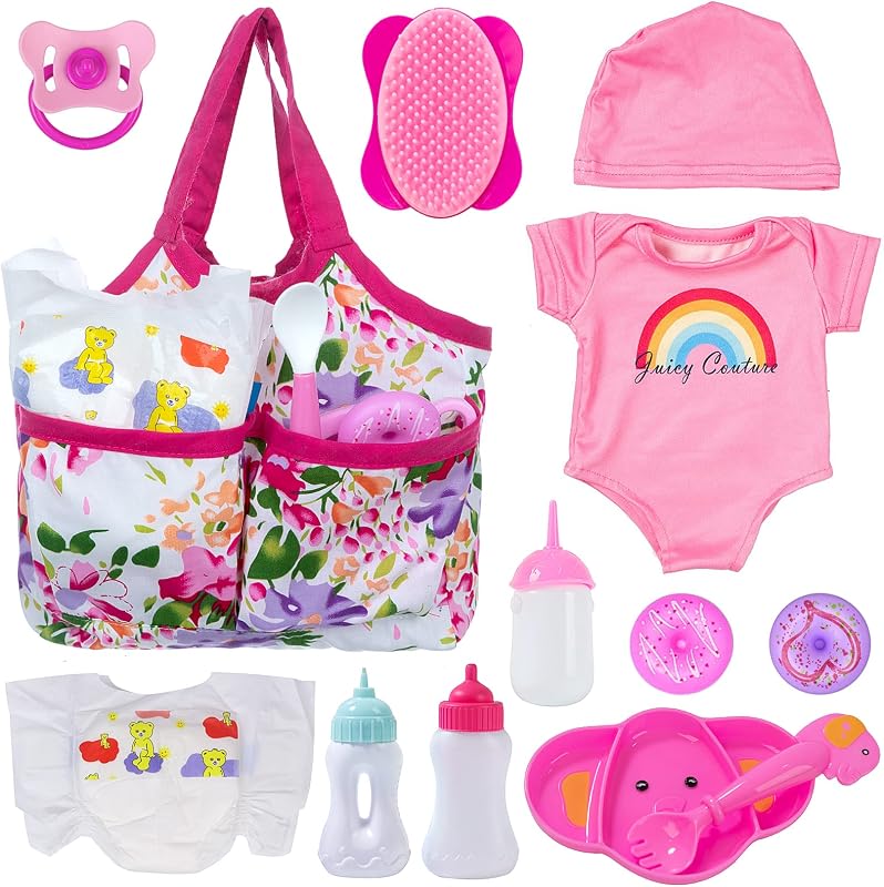 Ecore Fun 13 Piece Baby Doll Accessories Feeding and Caring Set | Multi-Pocket Diaper Bag, Outfit, Diapers, Bottles, Pacifier, Comb, Plate & Spoon, Fits 12-18" Dolls, 3+, Doll Not Included