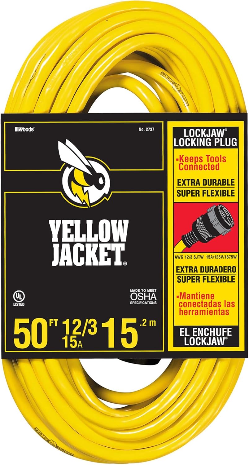 Southwire Yellow Jacket Heavy Duty Extension Cord - Patented Locking Plug Design - SJTW Construction - PVC Jacket - Water and Weather Resistant - UL Listed - 12 Gauge - 50 Feet