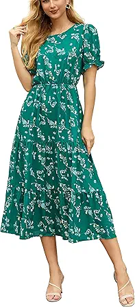 GRECERELLE Women's 2024 Spring Summer Casual Loose Crewneck Boho Dress Ruffle Puff Sleeve High Waist Midi Dress